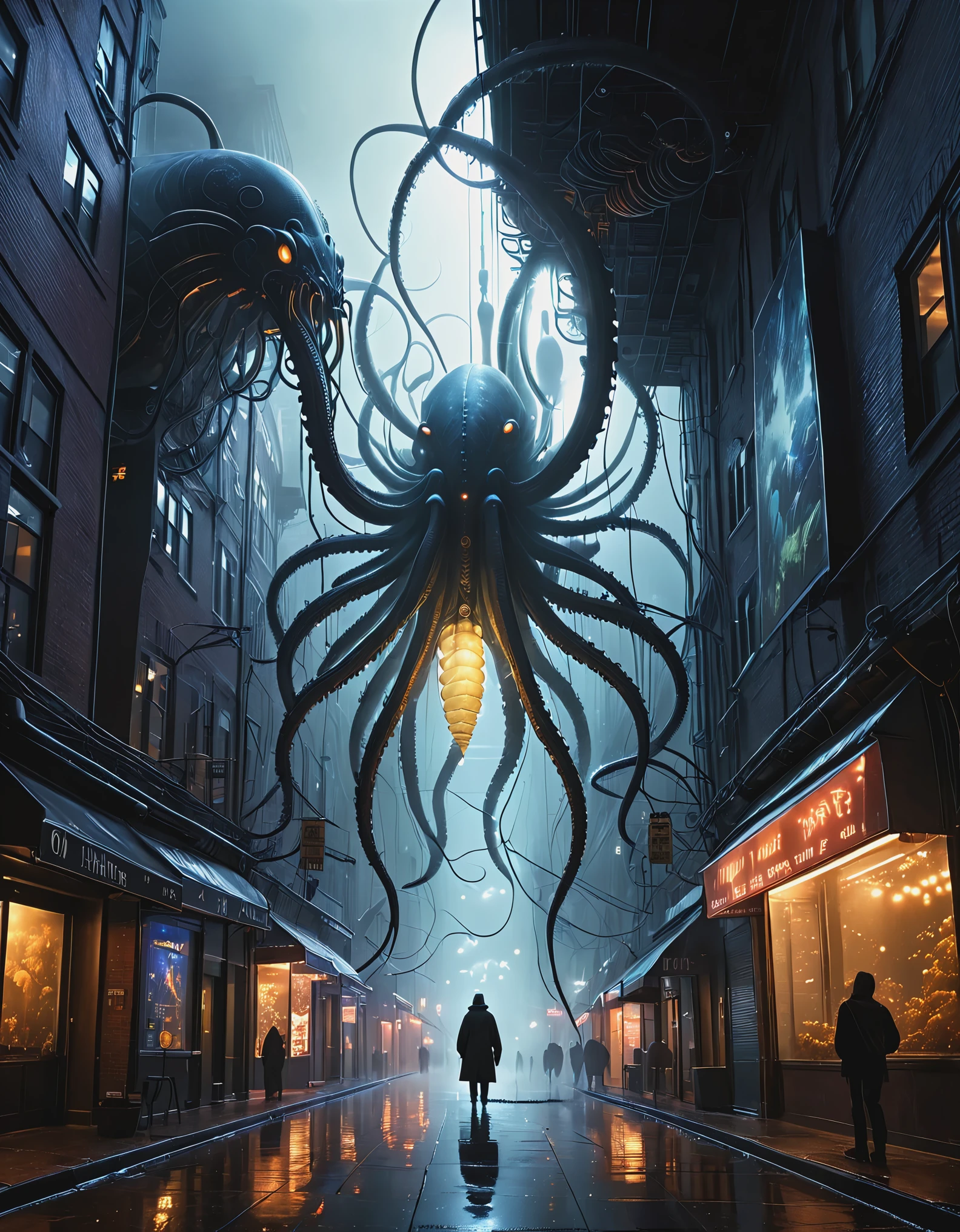 Giant transparent creatures with short legs, dark foggy city night sky, biochemical mutated nuclei, Teratoid teratoid like, Grotesque bizarre, Bioluminescence bioluminescent, Zdzistaw Beksinski Webbed Feet webbed tentacles, Jerky twitching, Slithering wriggling, Erratic irregular, Wrinkled wrinkled, Microbiology microbiology, with several wired lighting fixtures, Featuring a semi transparent resin wave style, bryce 3D, with a mural like composition, weathered materials, glowing sfumato, reflective, high detail, surreal 3D landscape style, complex mesh, lightbox, made of feathers, nyc explosion coverage, interesting character design, bokeh, dense fog,
Looking up, from below, upside down, chiaroscuro, UHD, masterpiece, super detail, high details, high quality, award winning, best quality, highs, 16k,k,