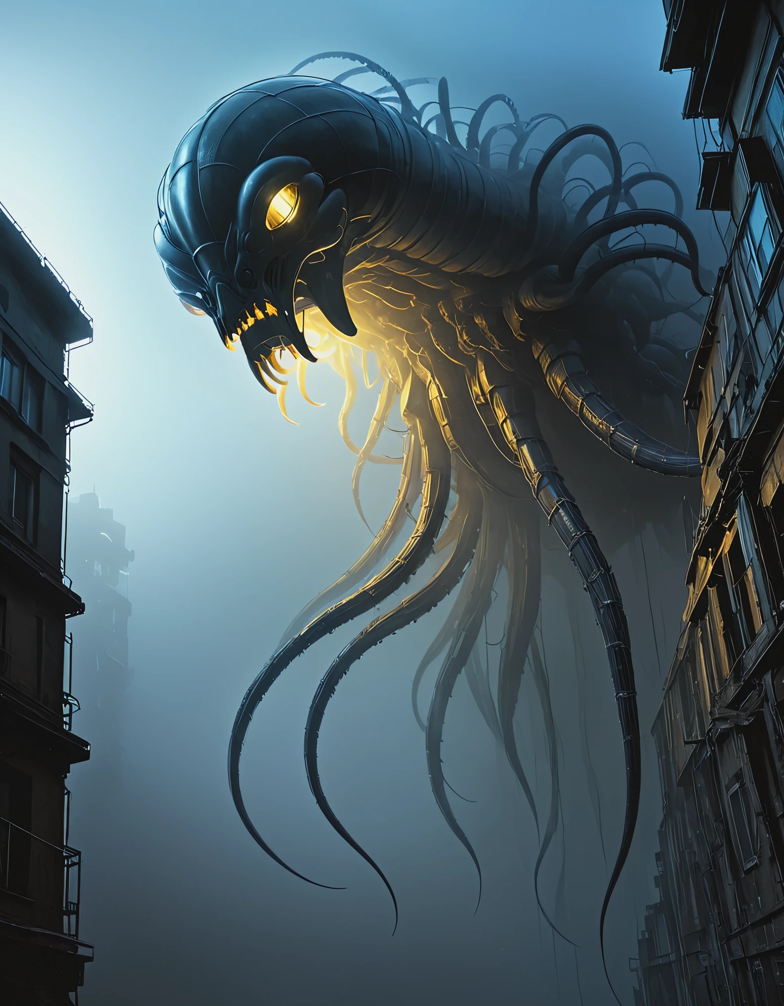 Looking up, (giant transparent mutated creature), this creature has short legs, a lot of dark mist, thick fog, night sky, biochemical mutated nucleus, Teratoid teratoid shape, Grotesque bizarre, Bioluminescence bioluminescent, Zdzistaw Beksinski, Webbed Feet webbed tentacles, Jerky twitching, Slithering winding crawling, Erratic irregular, Wrinkled wrinkled, Microbiology microbiology, There are several wired lighting fixtures in a semi transparent resin wave style, bryce 3D, with mural like composition, weathered materials, glowing sfumato, reflection, high detail, surreal 3D landscape style, complex mesh, lightbox, made of feathers, nyc explosion coverage, interesting character design, bokeh, dense fog,
From below, upside down, chiaroscuro, UHD, masterpiece, super detail, high details, high quality, award winning, best quality, highs, 16k,