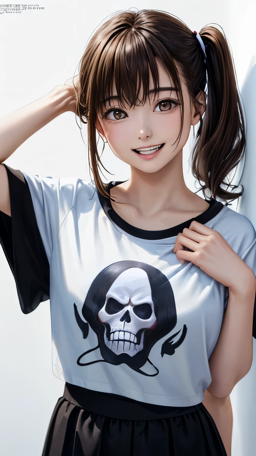 (highest quality、8k、32K、masterpiece)、(realistic)、(Photoreal:1.2)、(High resolution)、Super detailed、very beautiful face and eyes、1 girl、round and small face、thin waist、delicate body、(close、highest quality、high detail、rich skin details)、(highest quality、8k、oil paint:1.2)、Super detailed、(realistic、realistic:1.37)、bright colors、(((flaxen hair)))、(((bust shot)))、(((medium hair)))、(((side ponytail hair)))、(((pure white wall background)))、(((pure white wall background)))、(((She has a happy expression)))、(((I have light brown hair)))、(((Wearing a light blue T-shirt)))、(((This is a T-shirt with the Grim Reaper drawn on the chest..)))、(((look straight ahead)))、(((私 have brown hair)))、(((the skirt is short)))、(((teeth visible)))、(((Hands are above the head)))、(((I have brown hair)))