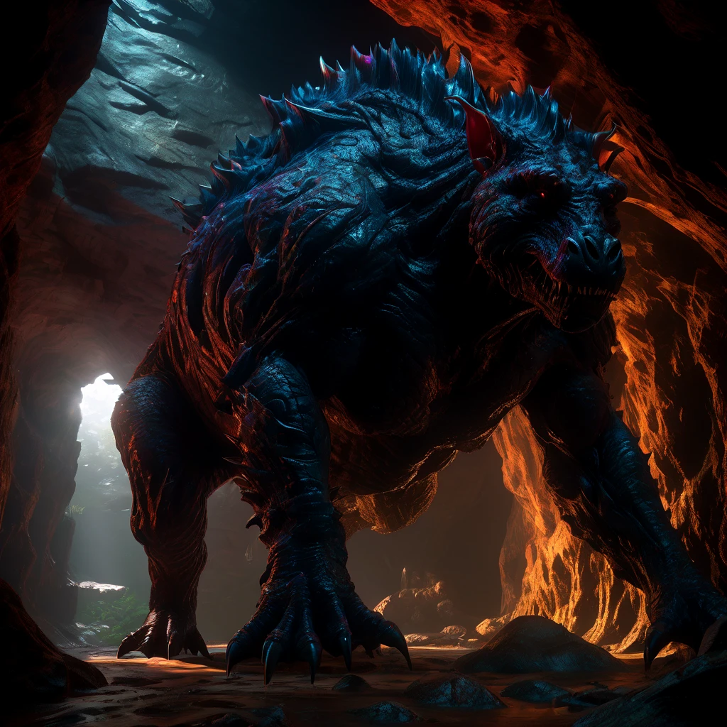 Giant creature, aesthetic, extremely detailed, Giant Creature in a dark cavern, Hyper realistic, Dark-Art, 8K, concept art, filmic, HDR, volumetric lighting, highly detailed, cinematic lighting, artstation, vibrant nature, volumetric light, octane render, redshift render, camera close up, rich deep moody colors, ultra realistic