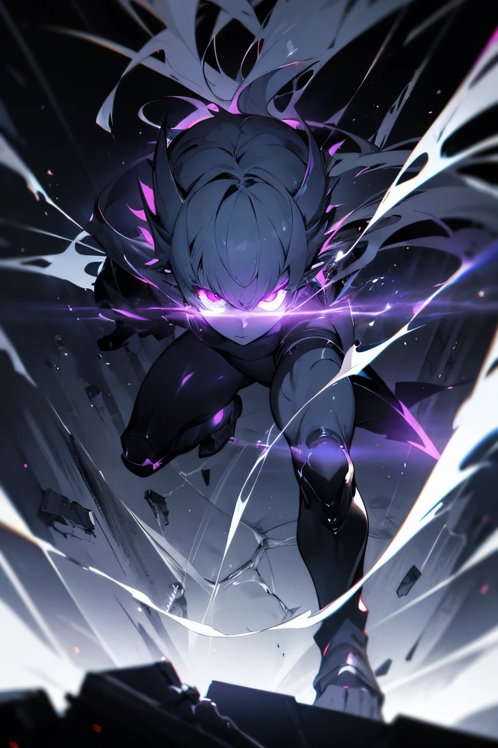 Anime humanoid monster,human,boy, glowing eyes,eye glare, monochrome, close up shot, creating a crack in reality, powerful aura, destroyed city,dark,night,8k,64k, HD, unparalleled masterpiece, dynamic lighting, cinematic, Ambient lighting, epic, full body, standing in middle