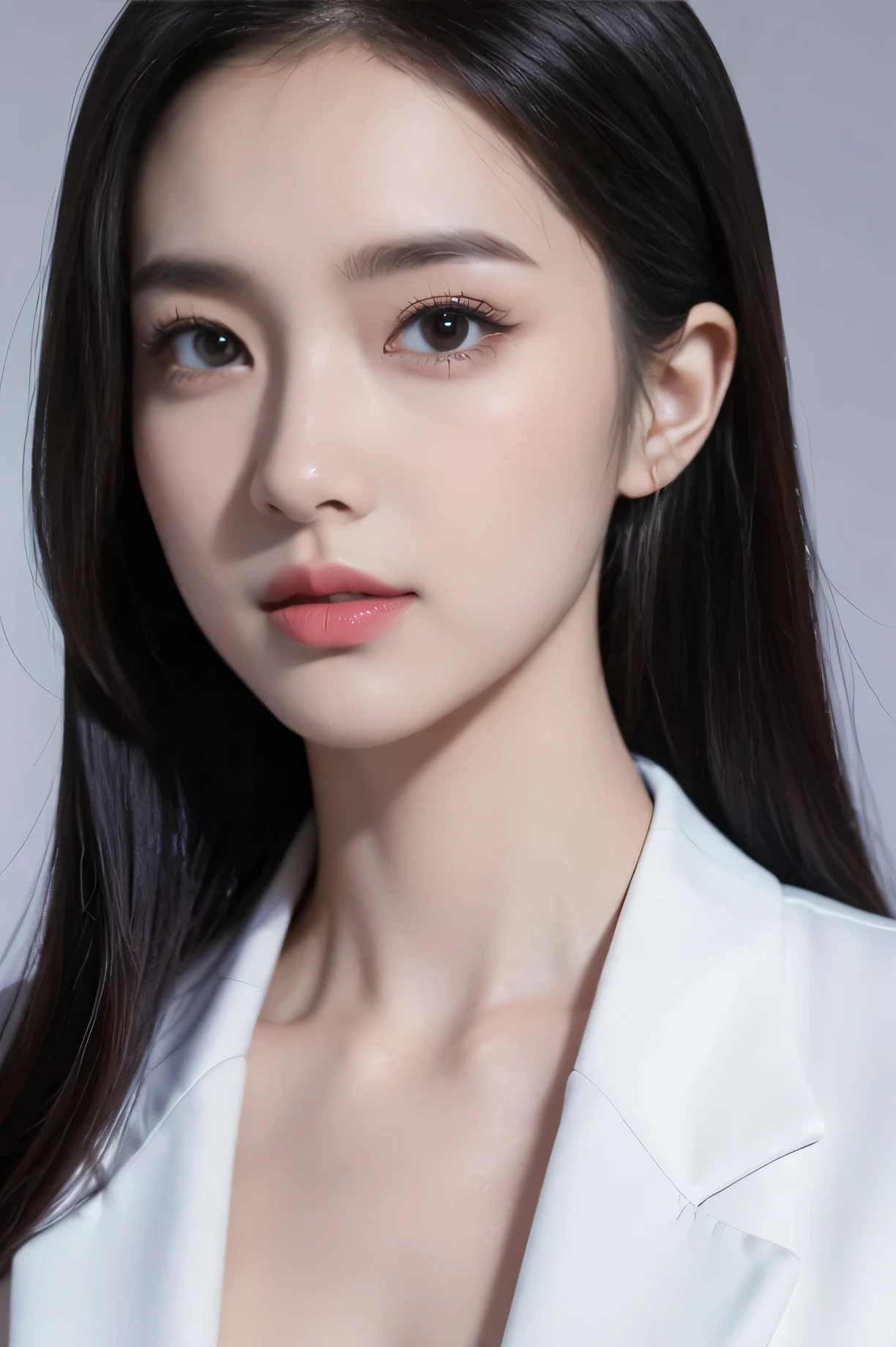 tmasterpiece,Best quality,A high resolution,8K,(Portrait photograph:1.5),(Head close-up),(ROriginal photo),real photograph,digital photography,(Girls in the workplace),(Female president),20 year old girl,random hair style,By bangs,(green-eyed),Serious and obsessed with breasts, accessories,Keep one's mouth shut,elegant and charming,Serious and arrogant,Calm and handsome,(Women's professional attire),Photo pose,Realisticstyle,gray world background,oc render reflection texture