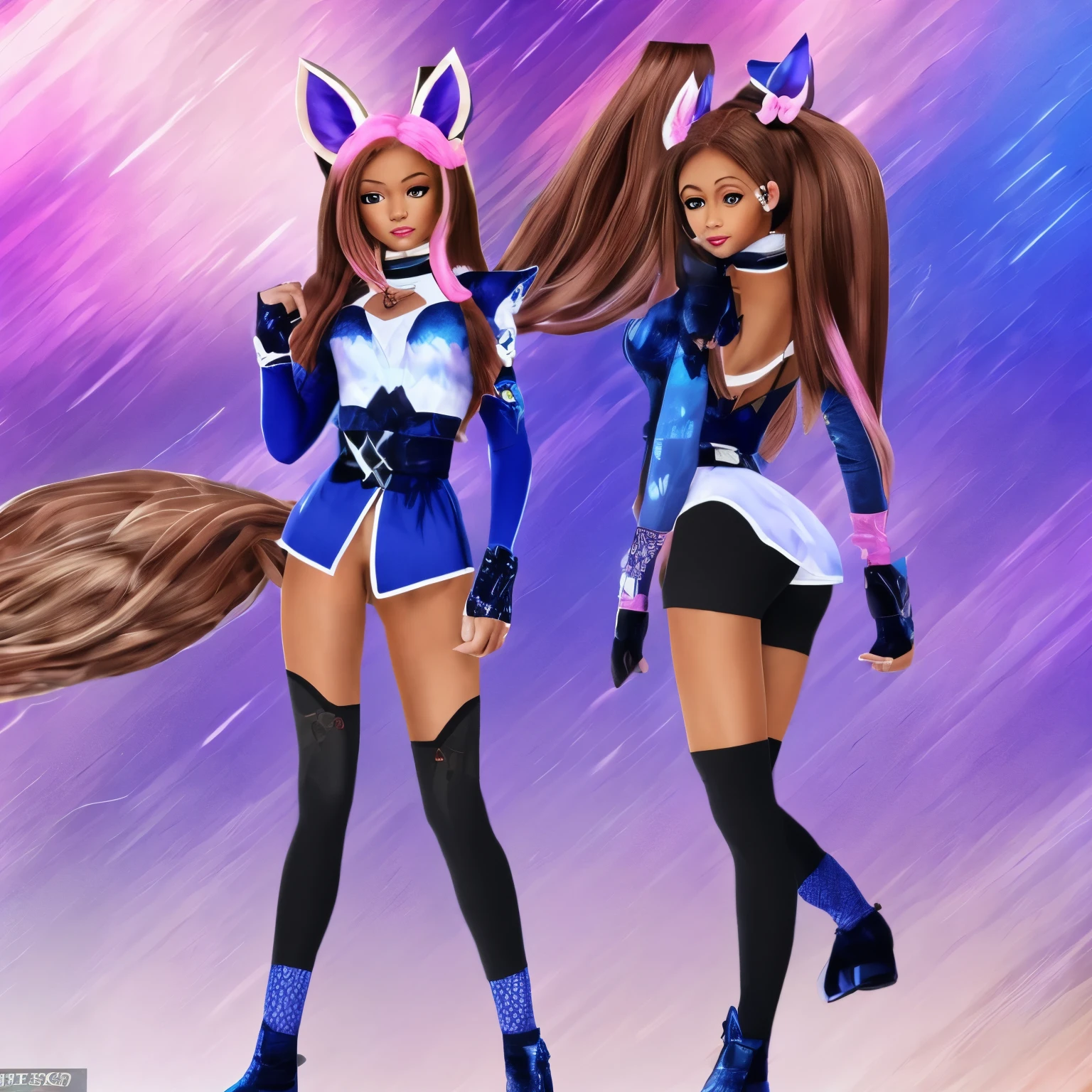 nine-tailed fox girl, brown skin, blue hair, long hair, straight hair, ponytails from the top, brown eyes, green eyelids, black and blue headphones fox ears, pink nine fox tails, black and blue popstar outfit, black tights, black long gloves