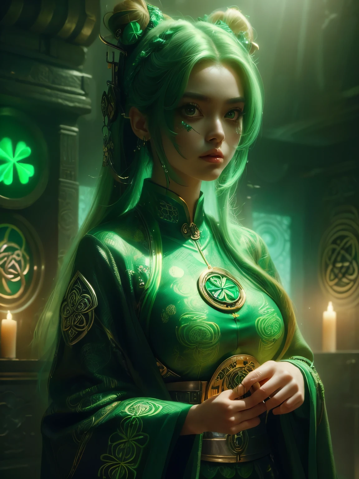 (high quality), (masterpiece), (detailed), 8K, Hyper-realistic portrayal of a futuristic (1girl1.2), Japanese character celebrating Saint Patrick's Day in a Celtic-inspired setting. Meticulous details capture the fusion of futuristic elements with Celtic motifs, creating a visually stunning and unique composition. Trending on Artstation.