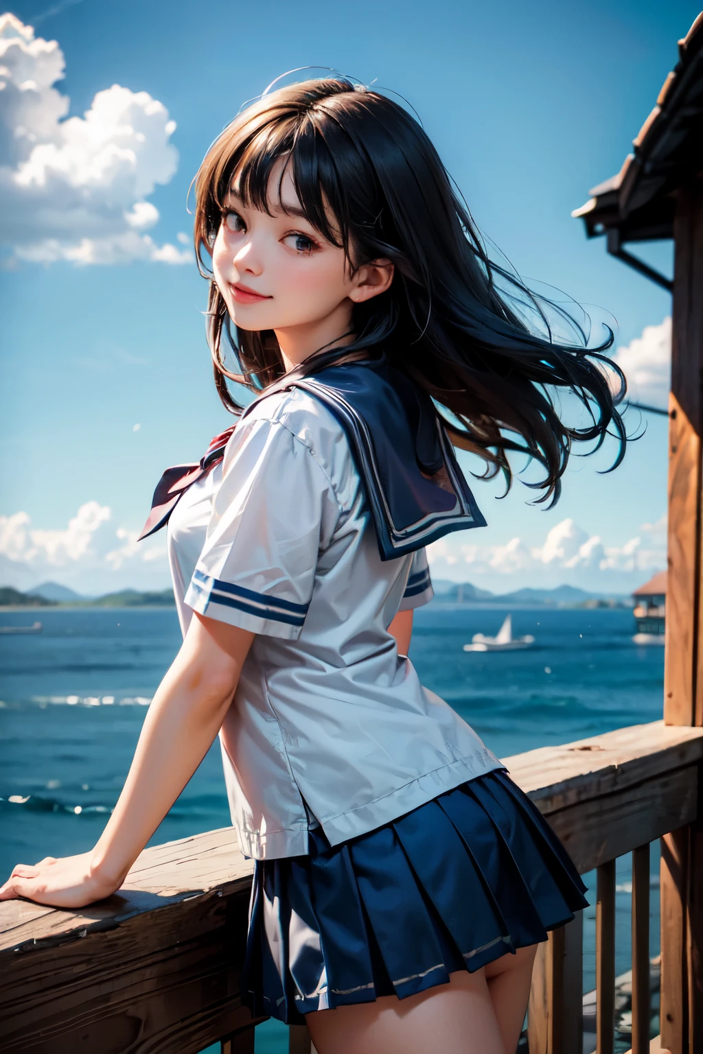 very cute and beautiful school girl viewing sea on hilltop,(highly detailed beautiful face),
(smile:1.2),cowboy shot,(sailor school uniform,pleated navy blue mini skirt),black hair,zettai ryouiki,
(looking at sea,from top of hill),many houses with red roof,detailed landscape,
(best quality,masterpiece:1.2),absurdres,highres,ultra-detailed,extremely detailed,32k,8k resolution,
intricate details,cinematic scene,detailed background,solo,dynamic angle,
natural lighting,hair fluttering in the wind,beautiful detailed sky,perfect hands,