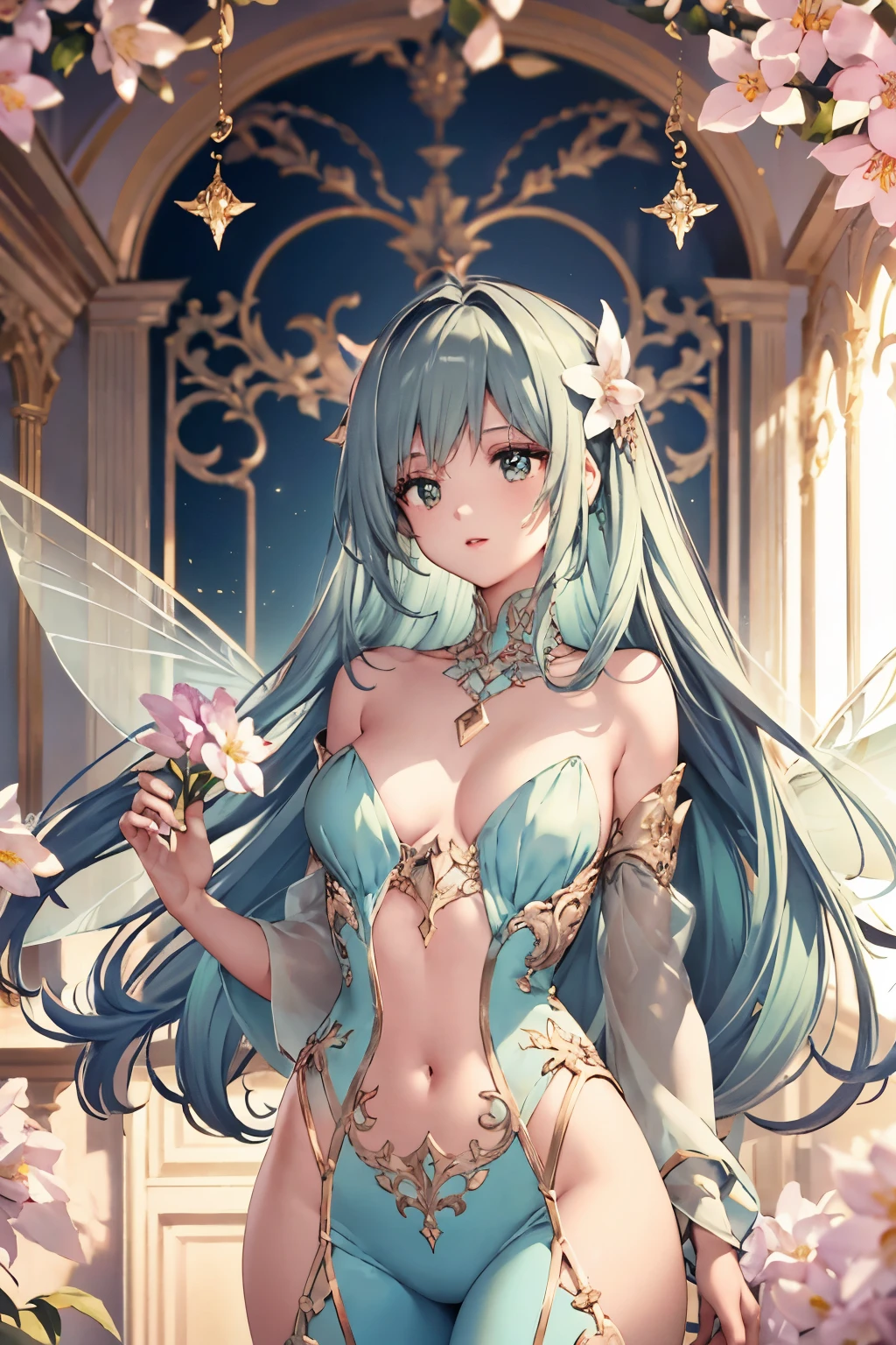 Antique fairy, of the most delicate originality (1.3), adorned in Tiffany hues (0.5), gold and silver ornaments outlining every curvature (1.2), captivating form in a jumpsuit that embraces her figure, adorned with blooming spring flowers (0.8). Long, cascading hair garnished with precious gemstones (0.7), ethereal wings shimmering in shades of pink (0.7), blue (0.6), green (0.6), and beige (0.4). Backdrop of a vintage bedroom, bathed in cinematic lighting (1.4), sub