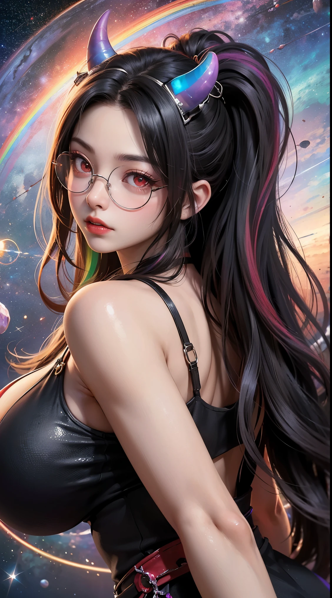 1名 27歳 woman, got it、(best illustrations)、8k UHD resolution、intricate details、最high quality、realistic、Super detailed、best lighting、best shadow、soft lighting、ultra hd、dungeon and Dragon、cave、dungeon、 necromancer、night、dark style、Succubus、devil&#39;Daughter of、bat wings，(((demon hornラック縁round glasses))))、(((big breasts)))、(devil&#39;tail)、(red eyes shine:1.6)、masterpiece、beautiful features、Tyndall effect、realisticphotograph、(high detail skin:1.2)、8KUHD、Digital single-lens reflex camera、high quality、photograph、High resolution、 absurd、Ponytail distortion、Optimal ratio of 4 fingers and 1 thumb、1 girl、hair ornaments、真っ赤に輝くgemのネックレス、gem、beautiful expression、body up、big breasts emphasis、tight waist、wide ass、Tyndall effect、Photoreal、(high detail skin:1.2)、dark and mysterious version, lipstick red lips, thin and beautiful lips, Don&#39;Don&#39;Don&#39;don&#39;t laugh, please keep your mouth shut, Characters created by Karol Baku and Pino Denis, intricate details, detailed background, very detailed, magic of light, woman, cute face, ((((giant glasses, otaku glasses, thick glasses, round glasses))))、, (((demon horn))))、(((bat wings))))、 looking at the Upper body of the goddess , round chest, big and round chest, phoenix hair brooch, long hair with bangs, (Long hair has seven colors like a rainbow:1.9), Beautifully detailed face and well-proportioned eyes, (Crystal clear red eyes: 1.8), Big round eyes and very beautiful and detailed makeup, Visionary, long silk nightgowns, mysterious makeup, ブresponseレット, I dyed the side bangs light yellow...., Upper body, (goddess Upper body: 1.8), hanging arms, リアルで鮮やかなphotograph, (stars that make up : 1.7), ( Space-time portal of sky and imagination: 1.8), fiction art, RAWphotograph,黒い着物のphotograph, 最高のphotograph , expensive_response, 最high quality, 最高のphotograph, 8K quality, 8k ultra , surrealism, 最も経済的な本物のphotograph, Artistic portrait of 12 signs, Symbol of one of the 12 signs on the reverse side, 12 Portrait of the Goddess, 最もrealistic配色, 最高のphotograph color, masterpiece, hair ornaments, ネックresponse, jewelry, beautiful face, Upper body, Tyndall effect, photographのようにリアルな, Dark studio, border light, two tone light, (fine skin) expensive: 1.2), 8k UHD, Digital single-lens reflex camera, soft light, expensive quality, volume light, Frank, photograph, expensive responseolution, 4K quality, 8k, Bokeh, smooth and sharp, 10x more pixels, Charming goddess, sexy goddess, (background space: 1.8), (milky way: 1.7), aurora, lightning, (auroraの背景: 1.8) <roller:crazy_perfect eyes_v1_from_v1_, beautiful goddess and flowers, (((demon horn))))、(((bat wings))))、