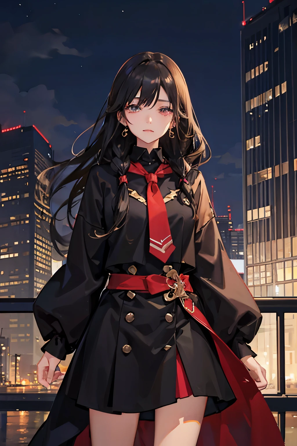 girl, city, night, skyscrapers, eyes opened, winter, nijigen, black hair, straight hair, earrings, sad, anime, anime style, high quality, 1080P