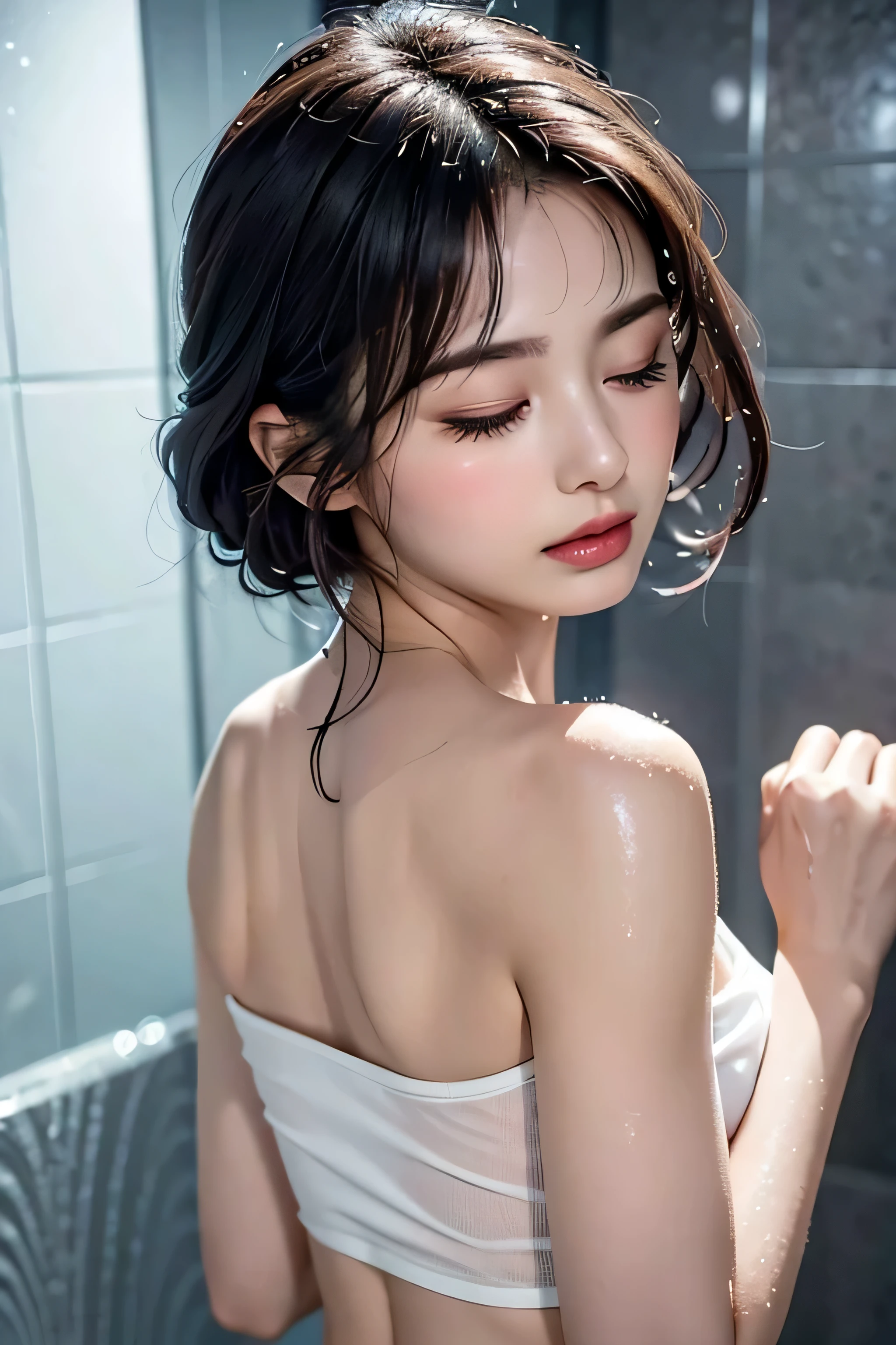 (girl lying in the shower room)、(Rear view)、(look back)、SeaArt Bot Variation 13:44:05 ((masterpiece、highest quality、high detail))、1 girl、(Photoreal:1.4)、alone、close your mouth、beautiful black hair、short hair、Big eyes、Clear double eyelids、eyelash、please show me your ears、long neck、Absolute area,(Draw all the shoulders)、19 years old、attractive proportions、glowing skin、beautiful clavicle、golden ratio face、perfect face、Tears mole、mole on chest、bangs、きれいなbangs、lip gloss、thin lips、white skin、barefoot、medium sized breasts,((Translucent wet white tank top)),(nipple)(pink is transparent),(she is wet),(close your eyes)