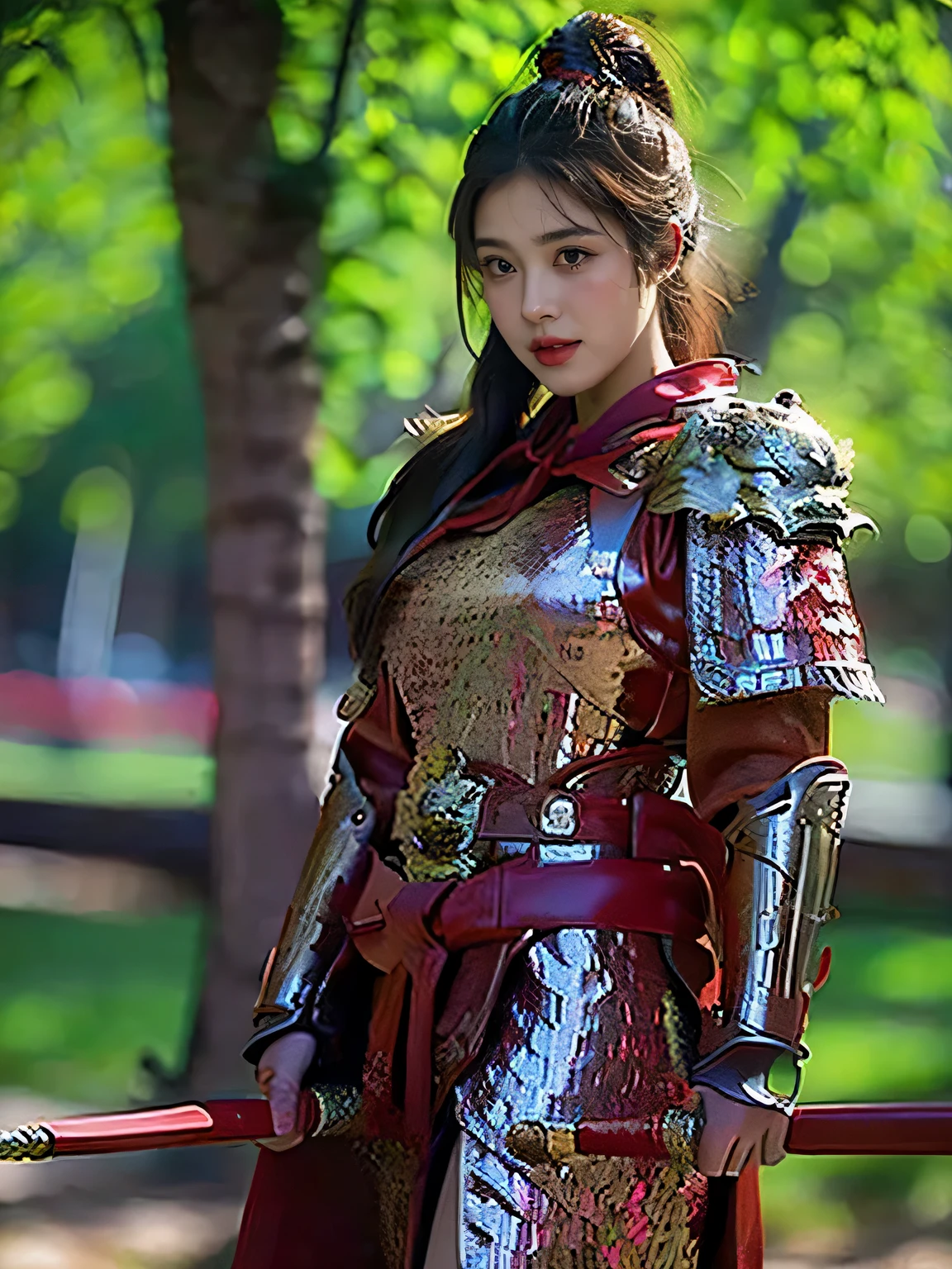 masterpiece,Best quality,HD quality,face close-up,(Detailed sculpting of eyes),Laugh,(corners of mouth raised),8K,Ancient battlefield background, ((field:1.8)),(Female generals on the battlefield in the Han Dynasty),Lead the horse,18-year-old girl,(long ponytail hairstyle),cparted lips,Full and erect breasts,Chinese architecture,red cloak,The combination of white metal and red leather,chest armor,((Cool and gorgeouig breasts)),Chest groove,Three Kingdoms character painting style,Photo pose,oc render reflection texture,Head-up shot,bright afternoon,woodland background