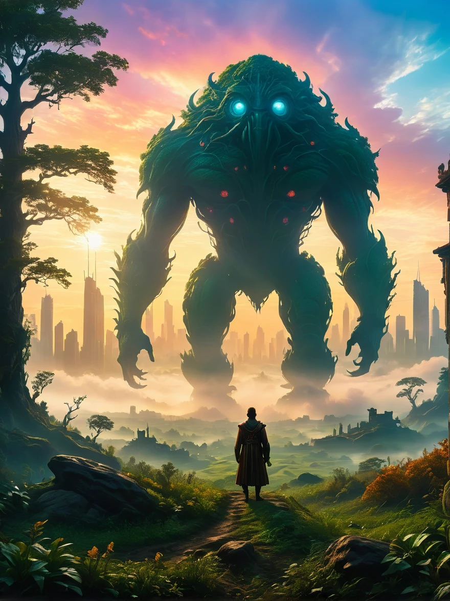 foggy field, trees, ((giant creature1.5)), ((enveloped by fog:1.5)), horizon, unclear shape, towering, city skyline, small humans, mystery, awe, natural landscape, fantastical, eerie, captivating, dawn, dusk, mystical quality, vastness, minuteness, known world, unknown, nature, civilization, subdued colors, ethereal, silhouette, soft light, sky, photo real, Shot on a 50mm lens, classic composition, masterpiece, exquisite, color correction, amazing visual effects, crazy details, intricate details, sharp focus, super high effect,(UHD, masterpiece, ccurate, anatomically correct, textured skin, high details, high quality, award winning, 8k), ((super high saturation, extremely bright and bright colors),whole body,ultra wide angle lens,