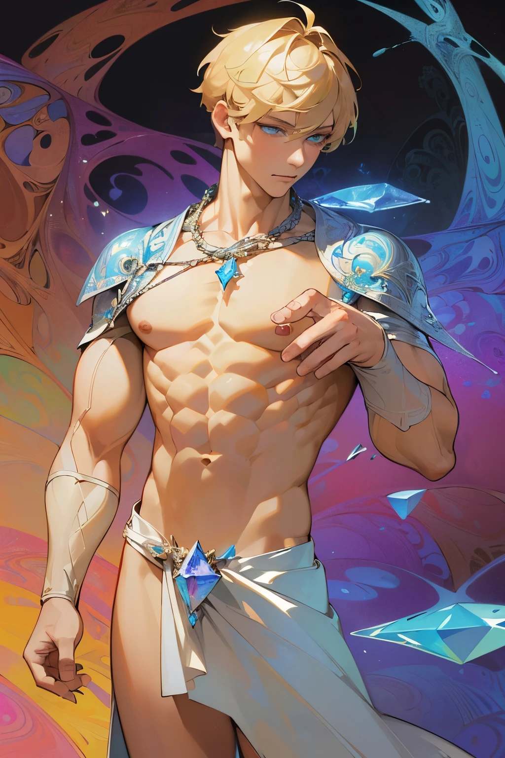 Realistic, (Masterpiece, Top Quality, Best Quality, Official Art, Beauty and Aesthetics: 1.2), Very Detailed, Fractal Art, Colorful, Most Detailed, Zentangle, (Abstract Background: 1.5) (1boy: 1.3), God, Blonde Hair, Short Hair, (Glowing Blue Eyes), Pectoral Muscles, Abs, Mysteriouagic), Crystal, Handsome Man, Knight, robe