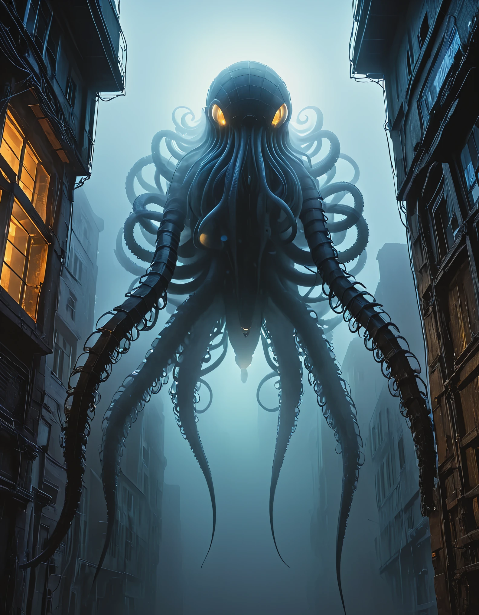 Looking up, (giant transparent mutated creature), this creature has short legs, a lot of dark mist, thick fog, night sky, biochemical mutated nucleus, Teratoid teratoid shape, Grotesque bizarre, Bioluminescence bioluminescent, Zdzistaw Beksinski, Webbed Feet webbed tentacles, Jerky twitching, Slithering winding crawling, Erratic irregular, Wrinkled wrinkled, Microbiology microbiology, There are several wired lighting fixtures in a semi transparent resin wave style, bryce 3D, with mural like composition, weathered materials, glowing sfumato, reflection, high detail, surreal 3D landscape style, complex mesh, lightbox, made of feathers, nyc explosion coverage, interesting character design, bokeh, dense fog,
From below, upside down, chiaroscuro, UHD, masterpiece, super detail, high details, high quality, award winning, best quality, highs, 16k,