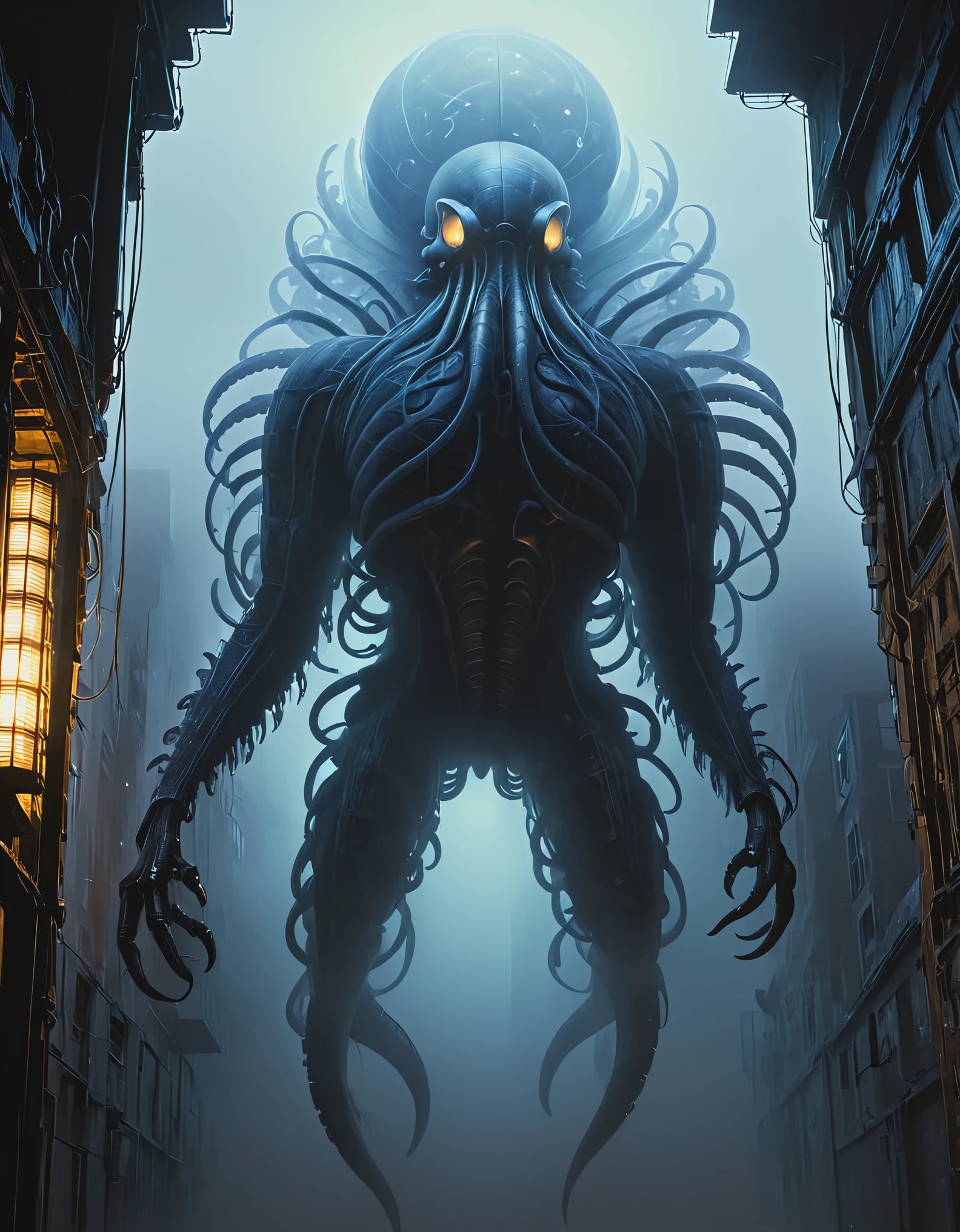 Looking up, (giant transparent mutated creature), this creature has short legs, a lot of dark mist, thick fog, night sky, biochemical mutated nucleus, Teratoid teratoid shape, Grotesque bizarre, Bioluminescence bioluminescent, Zdzistaw Beksinski, H R Giger, Webbed Feed webbed tentacles, Rudimentary Wings missing wings/Gills cheeks, lumpy umorous Scaly scales, Jerky convulsions, Slithering crawling, Erratic irregular, Wrinkled wrinkled, Microbiology microbiology, Photosensitive phosphorescent, with several wired lighting fixtures in a semi transparent resin wave style, bryce 3D, mural like composition, weathered materials, glowing sfumato, reflective, high detail, surreal, 3D rendering, complex mesh, lightbox, made of feathers, nyc explosion coverage, interesting character design, bokeh, Dense fog, fog,
From below, upside down, chiaroscuro, UHD, masterpiece, super detail, high details, high quality, award winning, best quality, highs, 16k,