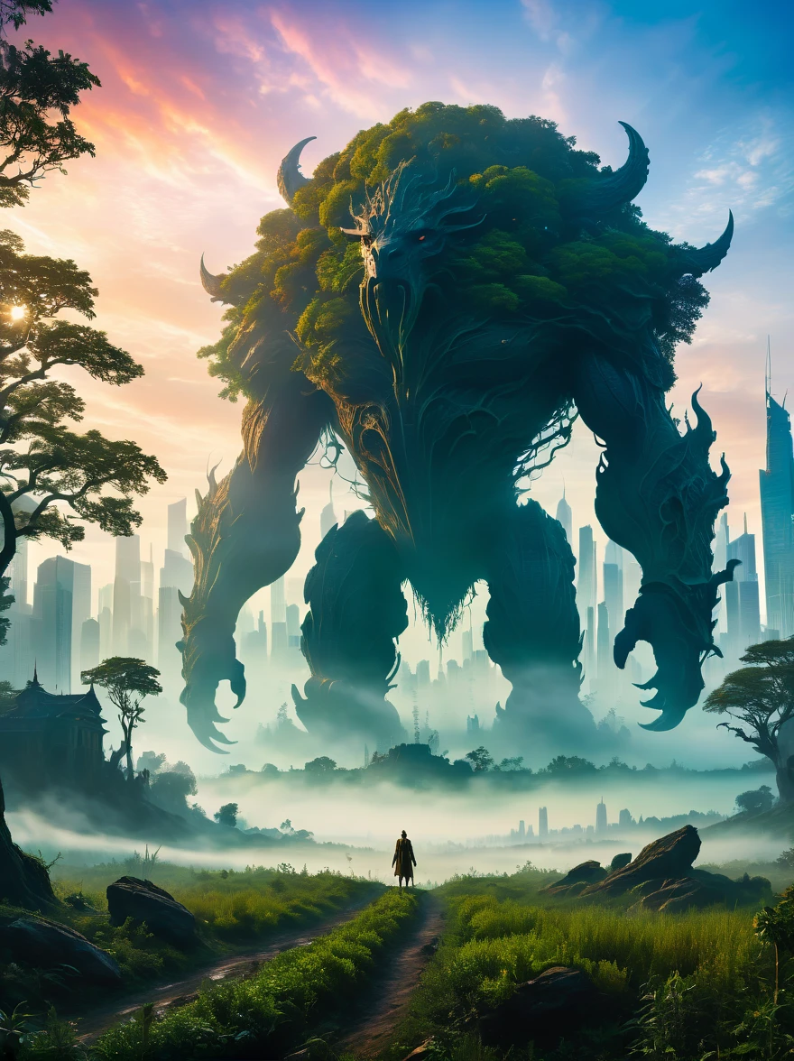 foggy field, trees, ((giant creature1.5)), ((enveloped by fog:1.5)), horizon, unclear shape, towering, city skyline, small humans, mystery, awe, natural landscape, fantastical, eerie, captivating, dawn, dusk, mystical quality, vastness, minuteness, known world, unknown, nature, civilization, subdued colors, ethereal, silhouette, soft light, sky, photo real, Shot on a 50mm lens, classic composition, masterpiece, exquisite, color correction, amazing visual effects, crazy details, intricate details, sharp focus, super high effect，(UHD, masterpiece, ccurate, anatomically correct, textured skin, high details, high quality, award winning, 8k), ((super high saturation, extremely bright and bright colors)，whole body，ultra wide angle lens，