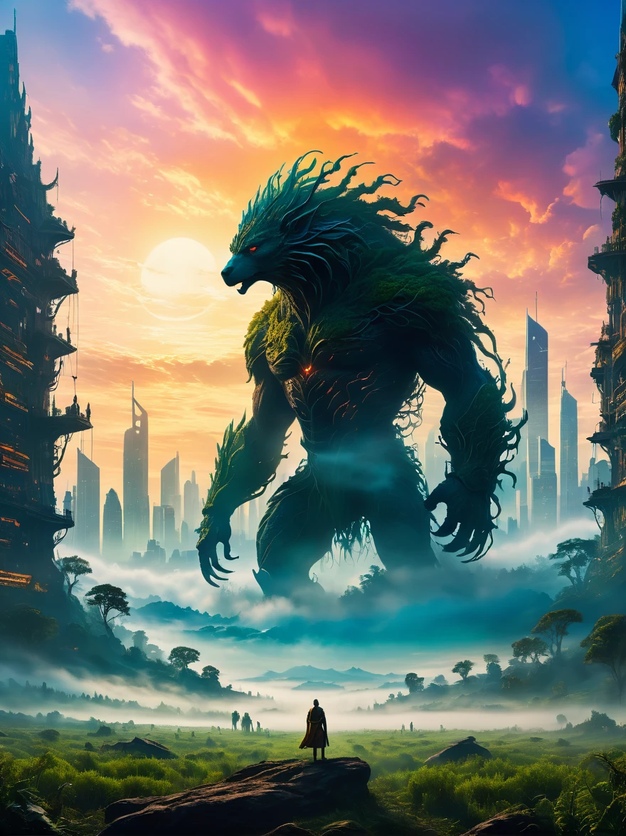 foggy field, trees, ((giant creature1.5)), ((enveloped by fog:1.5)), horizon, unclear shape, towering, city skyline, small humans, mystery, awe, natural landscape, fantastical, eerie, captivating, dawn, dusk, mystical quality, vastness, minuteness, known world, unknown, nature, civilization, subdued colors, ethereal, silhouette, soft light, sky, photo real, Shot on a 50mm lens, classic composition, masterpiece, exquisite, color correction, amazing visual effects, crazy details, intricate details, sharp focus, super high effect，(UHD, masterpiece, ccurate, anatomically correct, textured skin, high details, high quality, award winning, 8k), ((super high saturation, extremely bright and bright colors)，whole body，ultra wide angle lens，