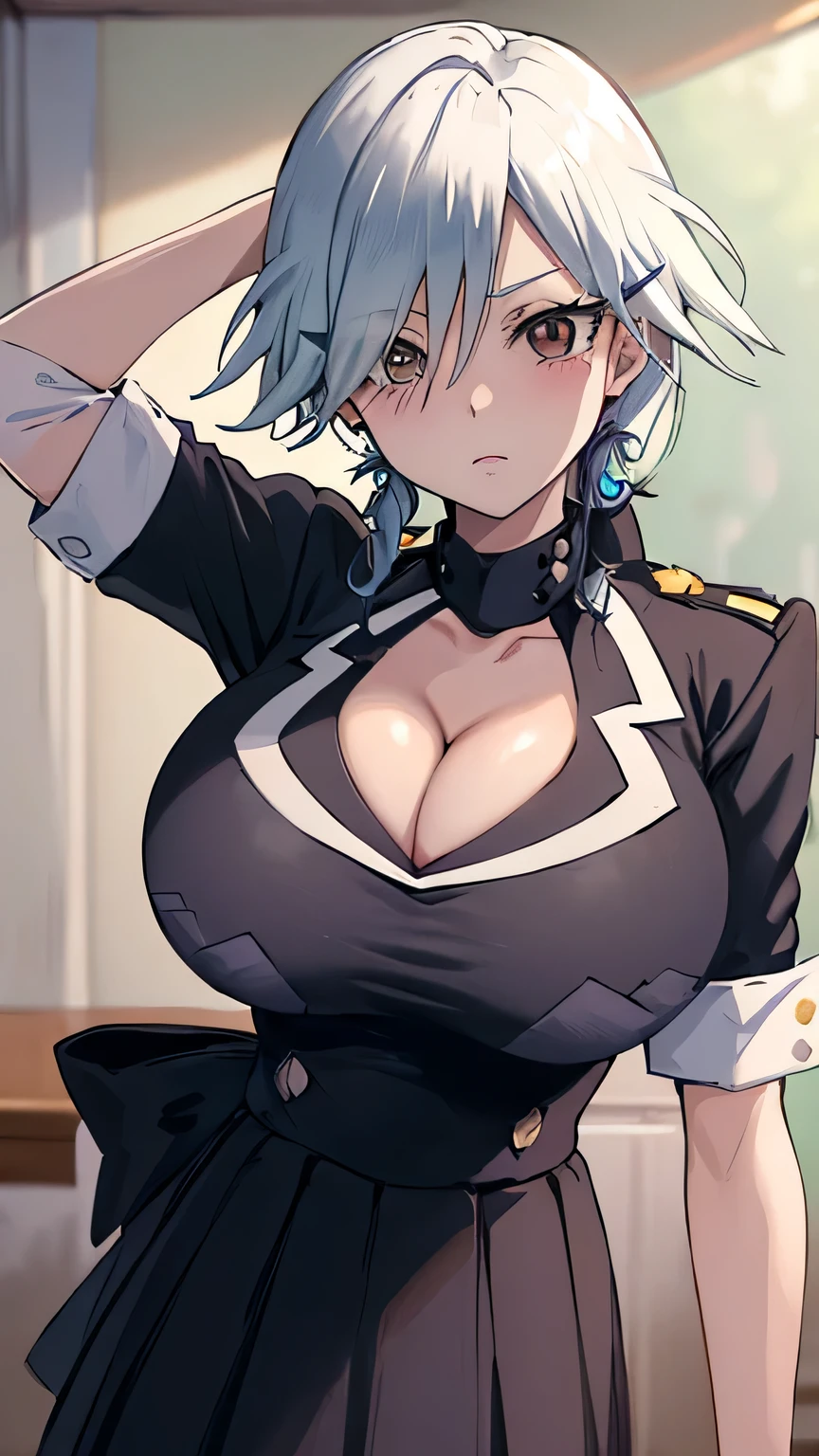 (masterpiece, best quality:1.2), cowboy shot, solo, 1girl, kirijodef, expressionless, looking at viewer, hand in own hair, hair over one eye, school uniform, bow, skirt,gigantic breasts,hearts cleavage cutout
