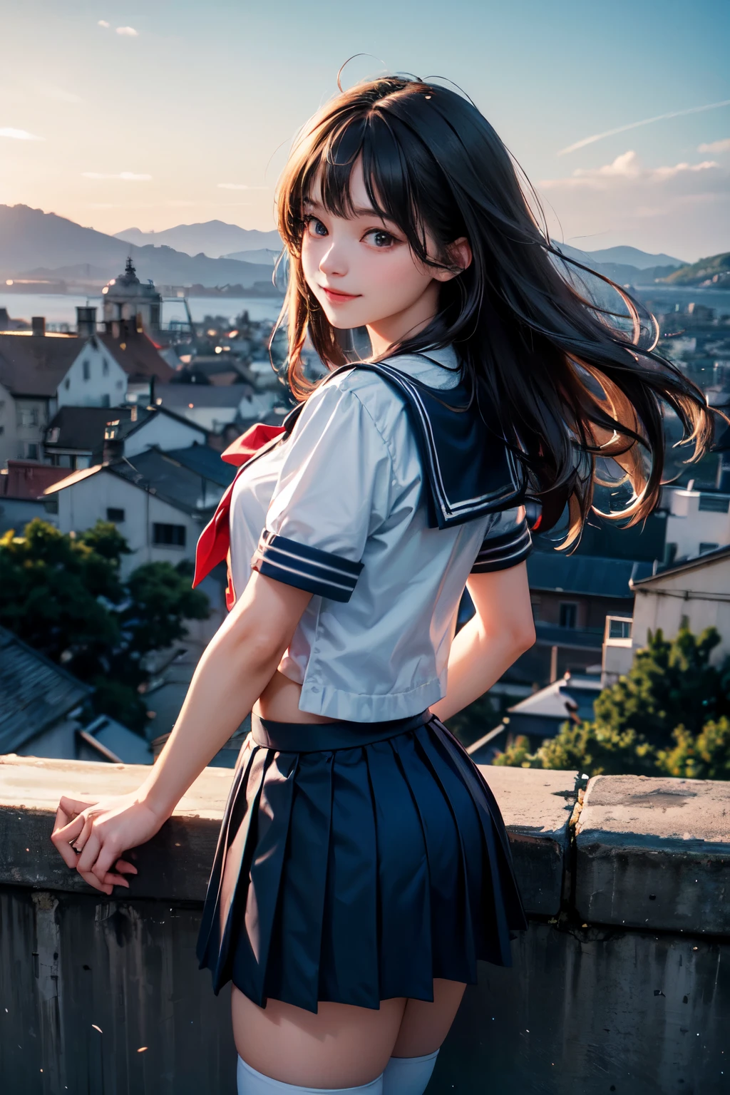 very cute and beautiful girl,,(highly detailed beautiful face),
(smile:1.2),happy,,black hair,(sailor school uniform,pleated navy blue mini skirt),dynamic pose,looking at viewer,
many european houses with red roof,(town overview:1.2),
(best quality,masterpiece:1.2),absurdres,highres,ultra-detailed,extremely detailed,32k,8k resolution,
intricate details,cinematic scene,detailed background,solo,dynamic angle,
solo,hair fluttering in the wind,beautiful detailed sky,perfect hands,