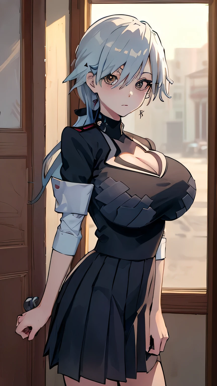 (masterpiece, best quality:1.2), cowboy shot, solo, 1girl, kirijodef, expressionless, looking at viewer, hand in own hair, hair over one eye, school uniform, bow, skirt,gigantic breasts,hearts cleavage cutout