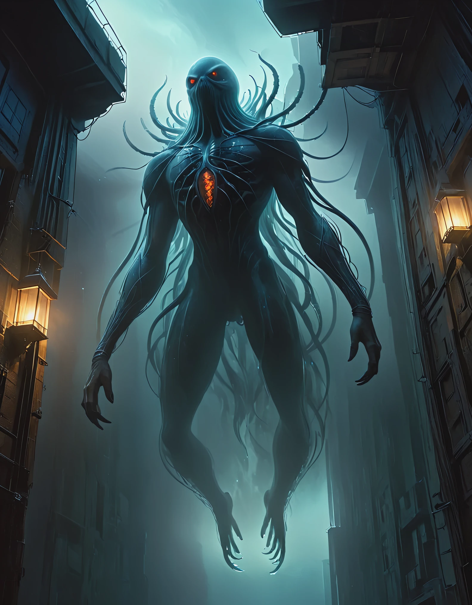 Looking up, (giant transparent mutated creature), this creature has short legs, a lot of dark mist, thick fog, night sky, biochemical mutated nucleus, Teratoid teratoid shape, Grotesque bizarre, Bioluminescence bioluminescent, Zdzistaw Beksinski, Webbed Feet webbed tentacles, Jerky twitching, Slithering winding crawling, Erratic irregular, Wrinkled wrinkled, Microbiology microbiology, There are several wired lighting fixtures in a semi transparent resin wave style, bryce 3D, with mural like composition, weathered materials, glowing sfumato, reflection, high detail, surreal 3D landscape style, complex mesh, lightbox, made of feathers, nyc explosion coverage, interesting character design, bokeh, dense fog,
From below, upside down, chiaroscuro, UHD, masterpiece, super detail, high details, high quality, award winning, best quality, highs, 16k,