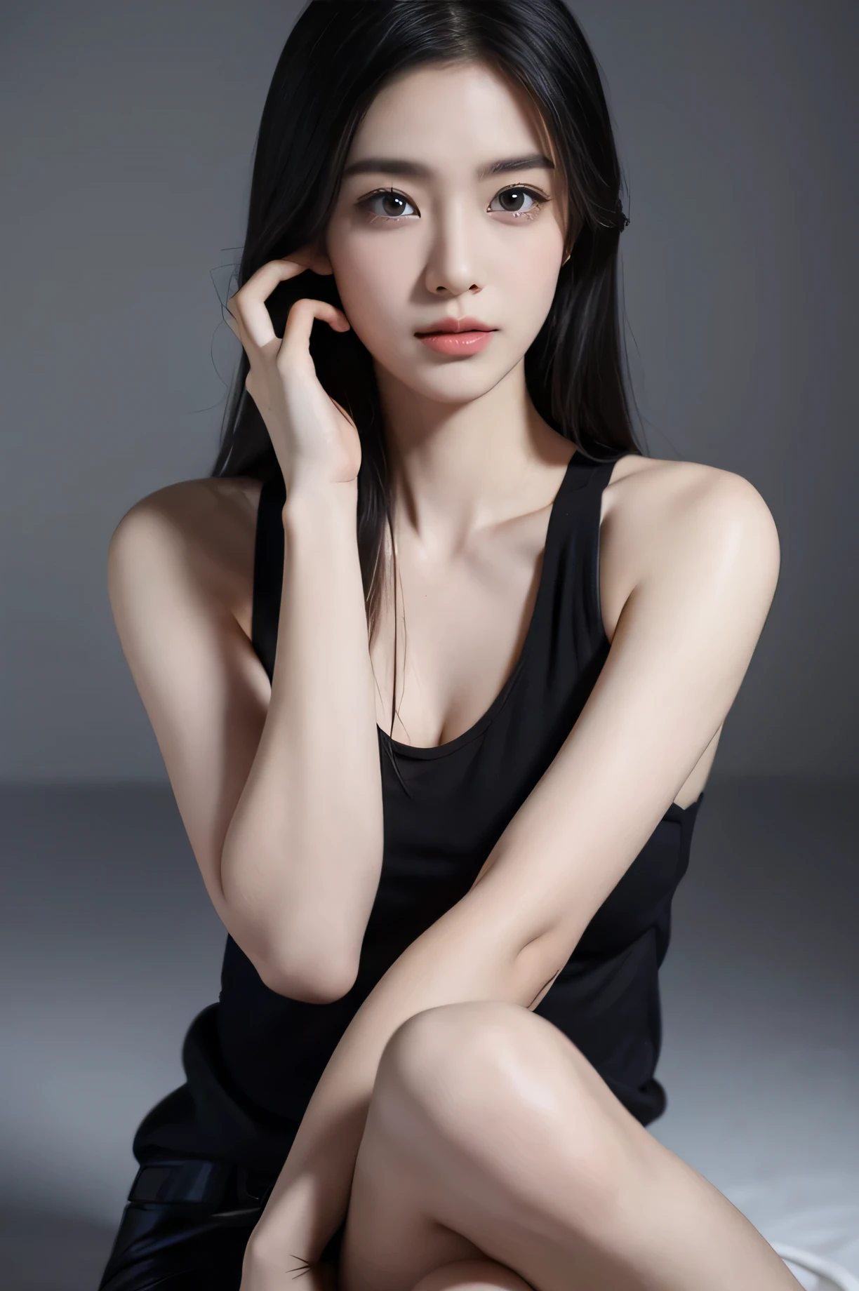 tmasterpiece,Best quality,A high resolution,8K,(Portrait photograph:1.5),(Head close-up),(ROriginal photo),real photograph,digital photography,(Girls in the workplace),(Female president),20 year old girl,random hair style,By bangs,(green-eyed),Serious and obsessed with breasts, accessories,Keep one's mouth shut,elegant and charming,Serious and arrogant,Calm and handsome,(Translucent black tank top),Photo pose,Realisticstyle,gray world background,oc render reflection texture