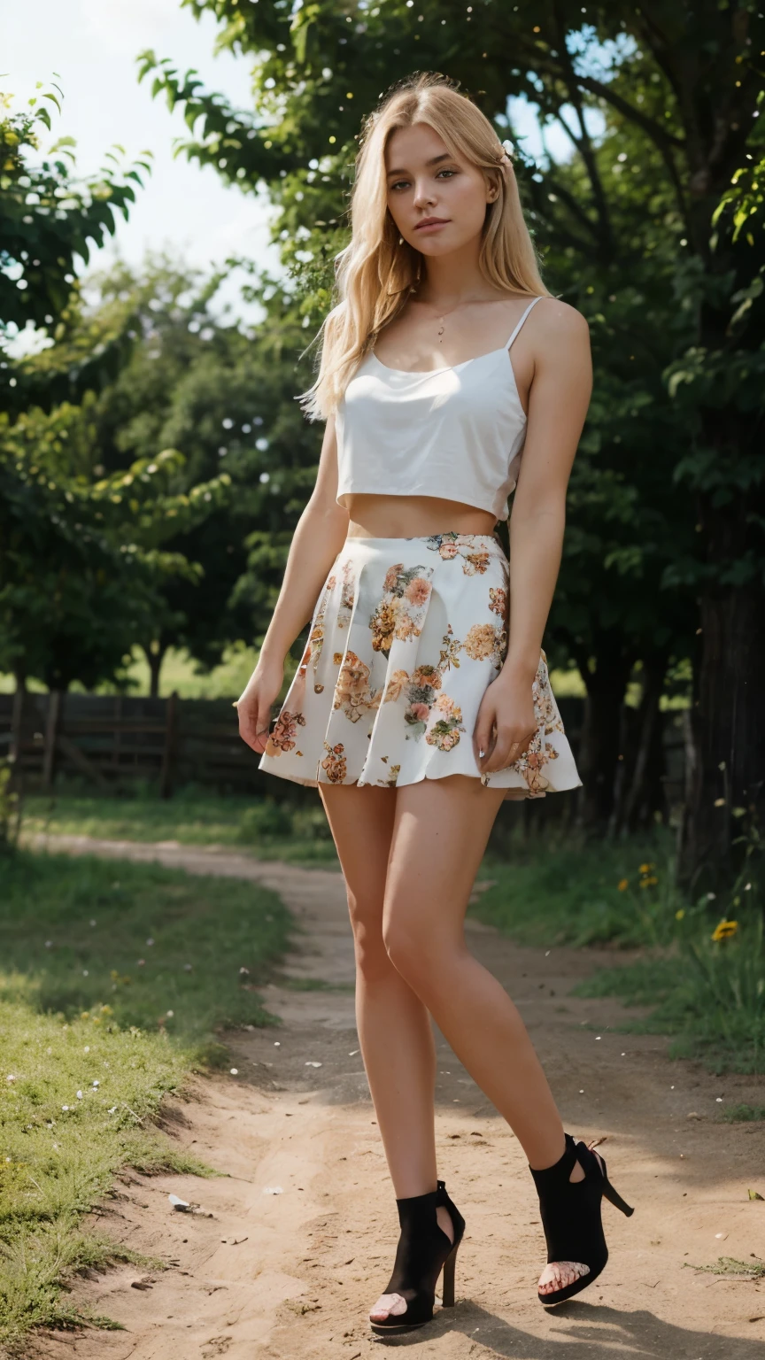 a 20 years old blonde girl in a farm, she is wearing a top with big neckline and a flower skirt and heels, farm background, sunny day