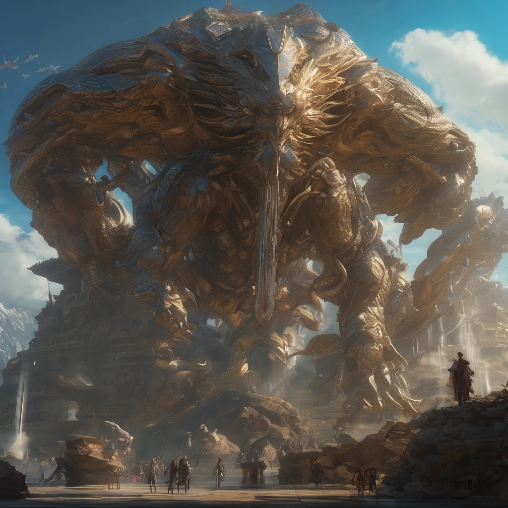 Giant creature, aesthetic, extremely detailed, Giant Creature, Mage, Angel, Detailed, a masterpiece digital painting by Greg Rutkowski and James Gurney, trending on Artstation, tube casting, angels are flying,  Creature, Monster Hunter Illustrations art book, giant, Moebius, Greg Rutkowski, Zabrocki, Karlkka, Jayison Devadas, Phuoc Quan, trending on Artstation, 8K, ultra wide angle, zenith view, pincushion lens