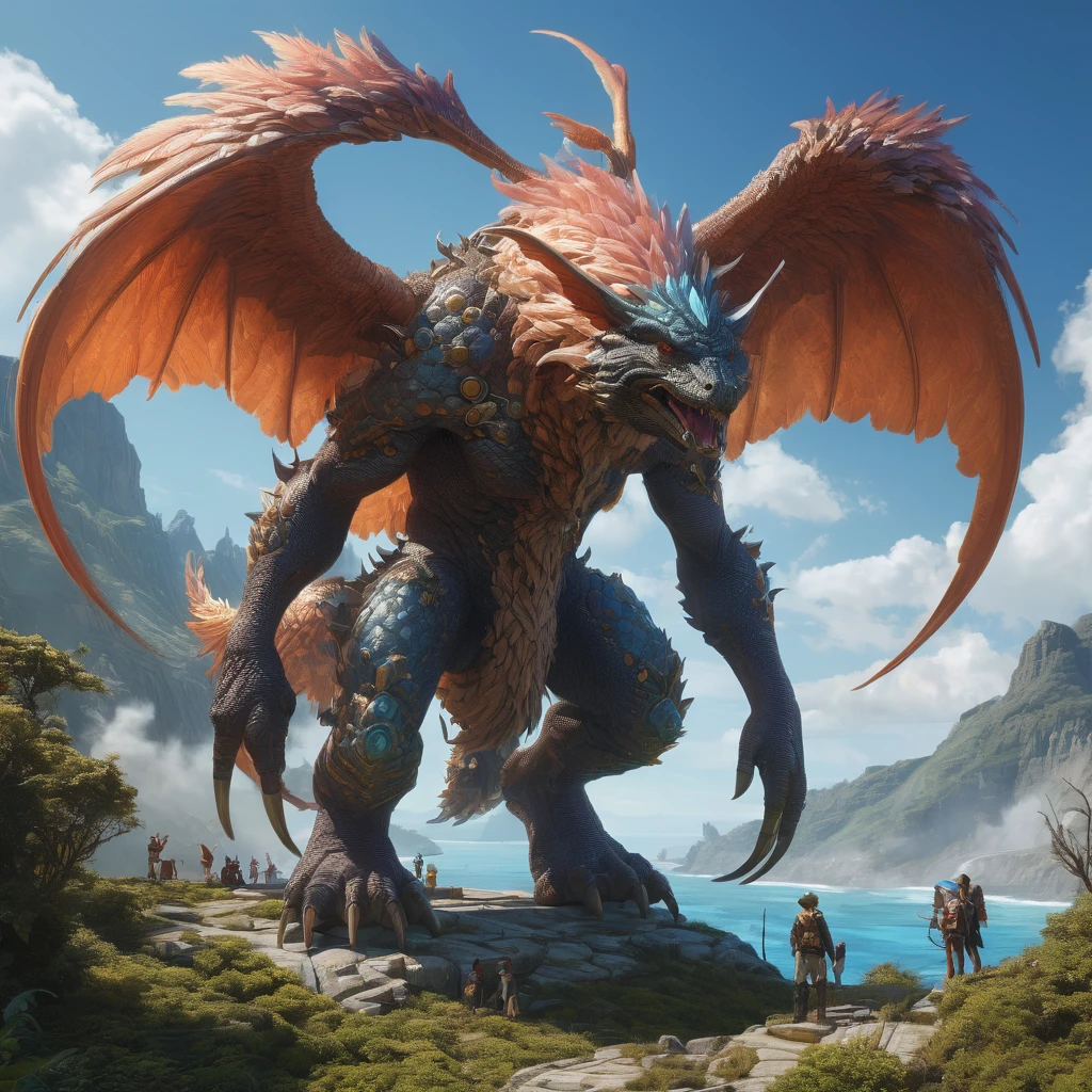 Giant creature, aesthetic, extremely detailed, Giant Creature, Mage, Angel, Detailed, a masterpiece digital painting by Greg Rutkowski and James Gurney, trending on Artstation, tube casting, angels are flying, Creature, Monster Hunter Illustrations art book, giant, Moebius, Greg Rutkowski, Zabrocki, Karlkka, Jayison Devadas, Phuoc Quan, trending on Artstation, 8K, ultra wide angle, zenith view, pincushion lens