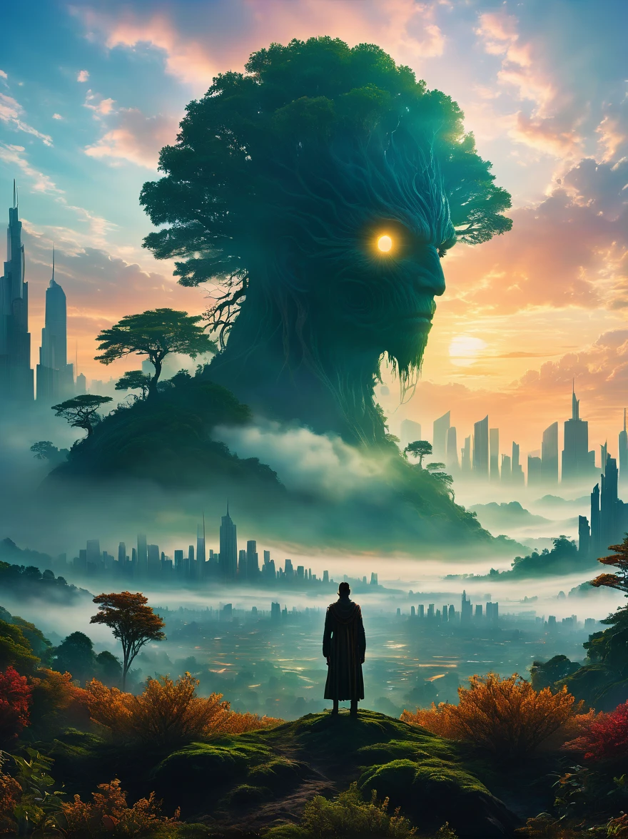 foggy field, trees, ((giant creature1.5)), ((enveloped by fog:1.5)), horizon, unclear shape, towering, city skyline, small humans, mystery, awe, natural landscape, fantastical, eerie, captivating, dawn, dusk, mystical quality, vastness, minuteness, known world, unknown, nature, civilization, subdued colors, ethereal, silhouette, soft light, sky, photo real, Shot on a 50mm lens, classic composition, masterpiece, exquisite, color correction, amazing visual effects, crazy details, intricate details, sharp focus, super high effect,(UHD, masterpiece, ccurate, anatomically correct, textured skin, high details, high quality, award winning, 8k), ((super high saturation, extremely bright and bright colors),whole body,ultra wide angle lens,
