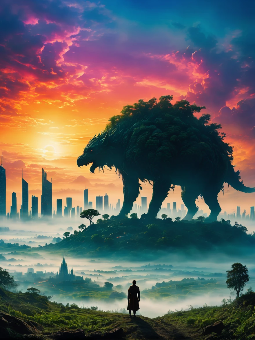 foggy field, trees, ((giant creature1.5)), ((enveloped by fog:1.5)), horizon, unclear shape, towering, city skyline, small humans, mystery, awe, natural landscape, fantastical, eerie, captivating, dawn, dusk, mystical quality, vastness, minuteness, known world, unknown, nature, civilization, subdued colors, ethereal, silhouette, soft light, sky, photo real, Shot on a 50mm lens, classic composition, masterpiece, exquisite, color correction, amazing visual effects, crazy details, intricate details, sharp focus, super high effect，(UHD, masterpiece, ccurate, anatomically correct, textured skin, high details, high quality, award winning, 8k), ((super high saturation, extremely bright and bright colors)，whole body，ultra wide angle lens，