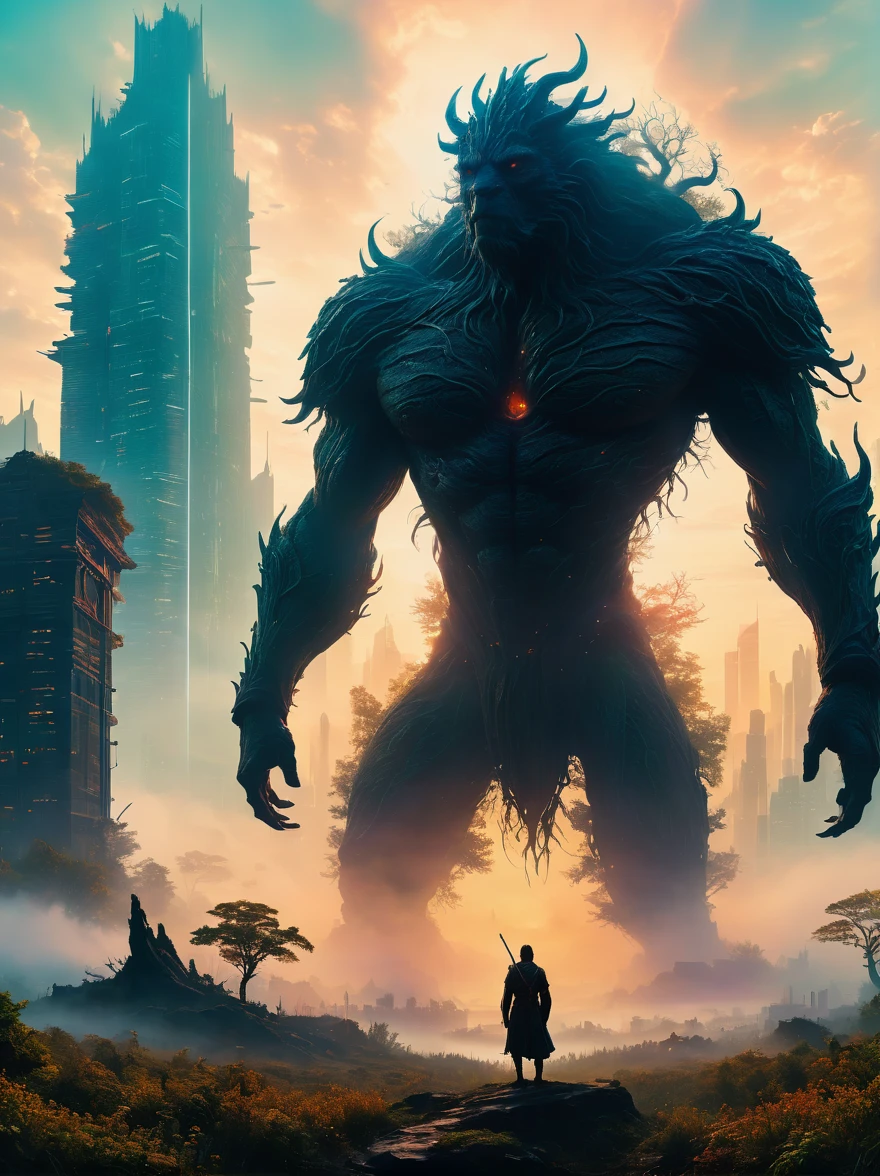 foggy field, trees, ((giant creature1.5)), ((enveloped by fog:1.5)), horizon, unclear shape, towering, city skyline, small humans, mystery, awe, natural landscape, fantastical, eerie, captivating, dawn, dusk, mystical quality, vastness, minuteness, known world, unknown, nature, civilization, subdued colors, ethereal, silhouette, soft light, sky, photo real, Shot on a 50mm lens, classic composition, masterpiece, exquisite, color correction, amazing visual effects, crazy details, intricate details, sharp focus, super high effect，(UHD, masterpiece, ccurate, anatomically correct, textured skin, high details, high quality, award winning, 8k), ((super high saturation, extremely bright and bright colors)，whole body，ultra wide angle lens，