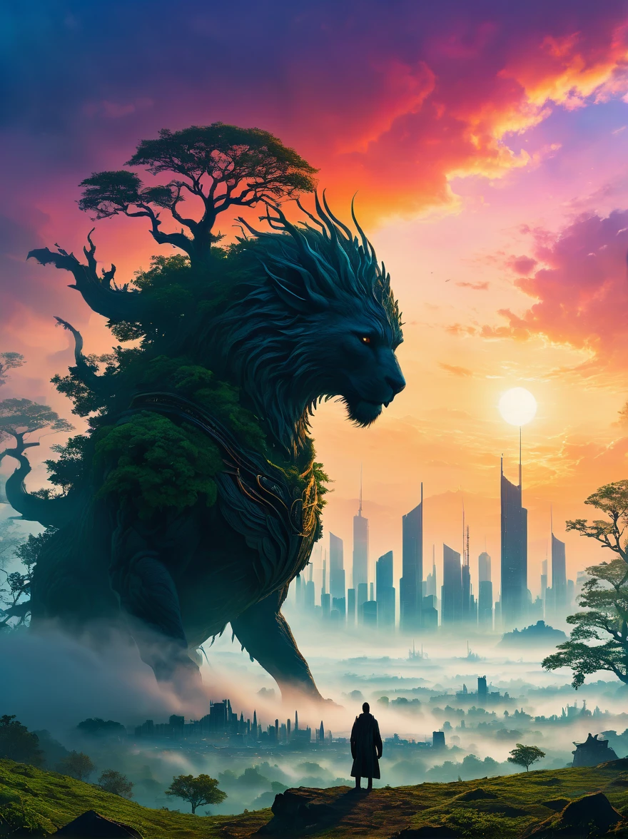 foggy field, trees, ((giant creature1.5)), ((enveloped by fog:1.5)), horizon, unclear shape, towering, city skyline, small humans, mystery, awe, natural landscape, fantastical, eerie, captivating, dawn, dusk, mystical quality, vastness, minuteness, known world, unknown, nature, civilization, subdued colors, ethereal, silhouette, soft light, sky, photo real, Shot on a 50mm lens, classic composition, masterpiece, exquisite, color correction, amazing visual effects, crazy details, intricate details, sharp focus, super high effect，(UHD, masterpiece, ccurate, anatomically correct, textured skin, high details, high quality, award winning, 8k), ((super high saturation, extremely bright and bright colors)，whole body，ultra wide angle lens，