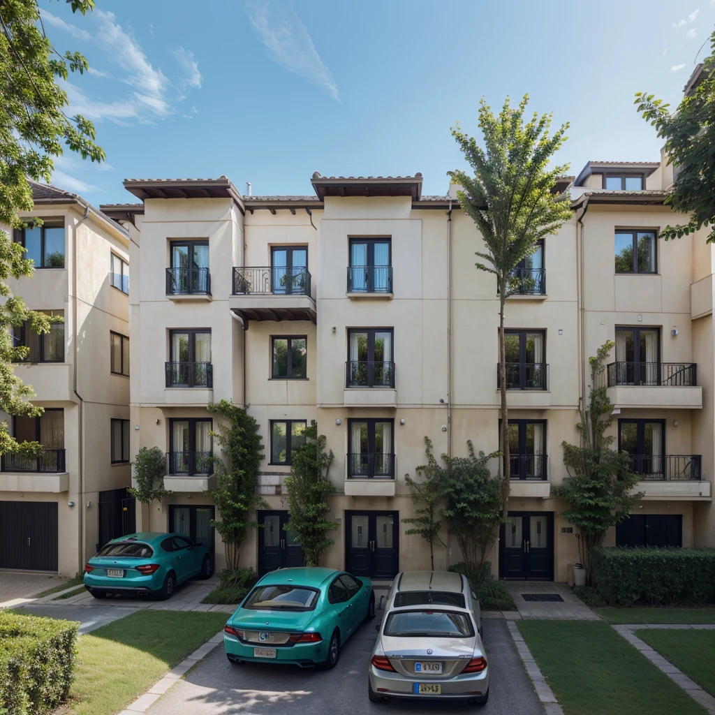 3-storey townhouse, daytime, green trees, blue sky, cars, people, surrounding walls, high resolution photo, realistic