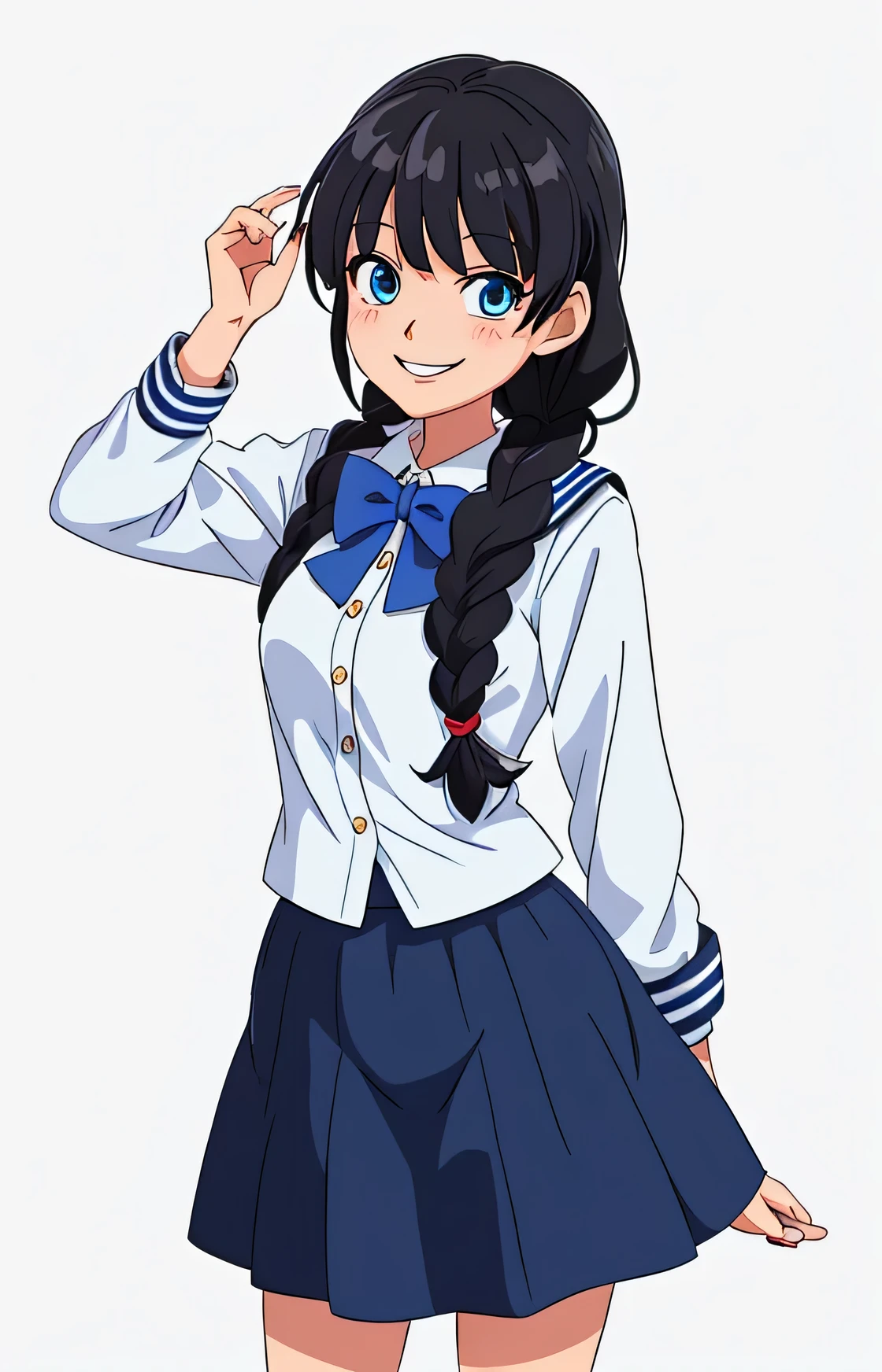 (anime, colorful, detailed)(girl,blue eyes,smiling,black hair,long hair,braided hair)(sailor outfit,blue and white,skirt,bow tie),anime style,full color illustration, hdr.
