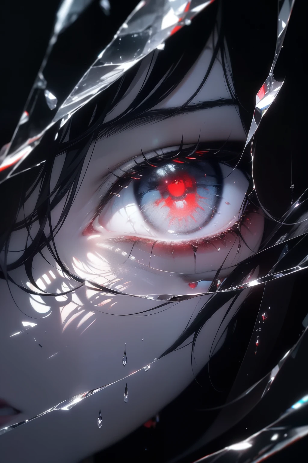 (black and white), (colorful gradient crystalized hair), eroded by darkness and light, symmetrical, absolute beautiful women, broken mirror, fluid art, red tears, (HDR), (sharp focus), (photo-realistic:1.37), (physically-based rendering), (extreme detail description), (professional), (vivid colors), (portraits), (soft lighting), (UHD), (black colored eyeedium hair), (goth makeup), (studio lighting), (night park background), (blue street lights), (best quality, 4k, 8k, highres, masterpiece:1.2), (ultra-detailed), fluid flowing transparent water