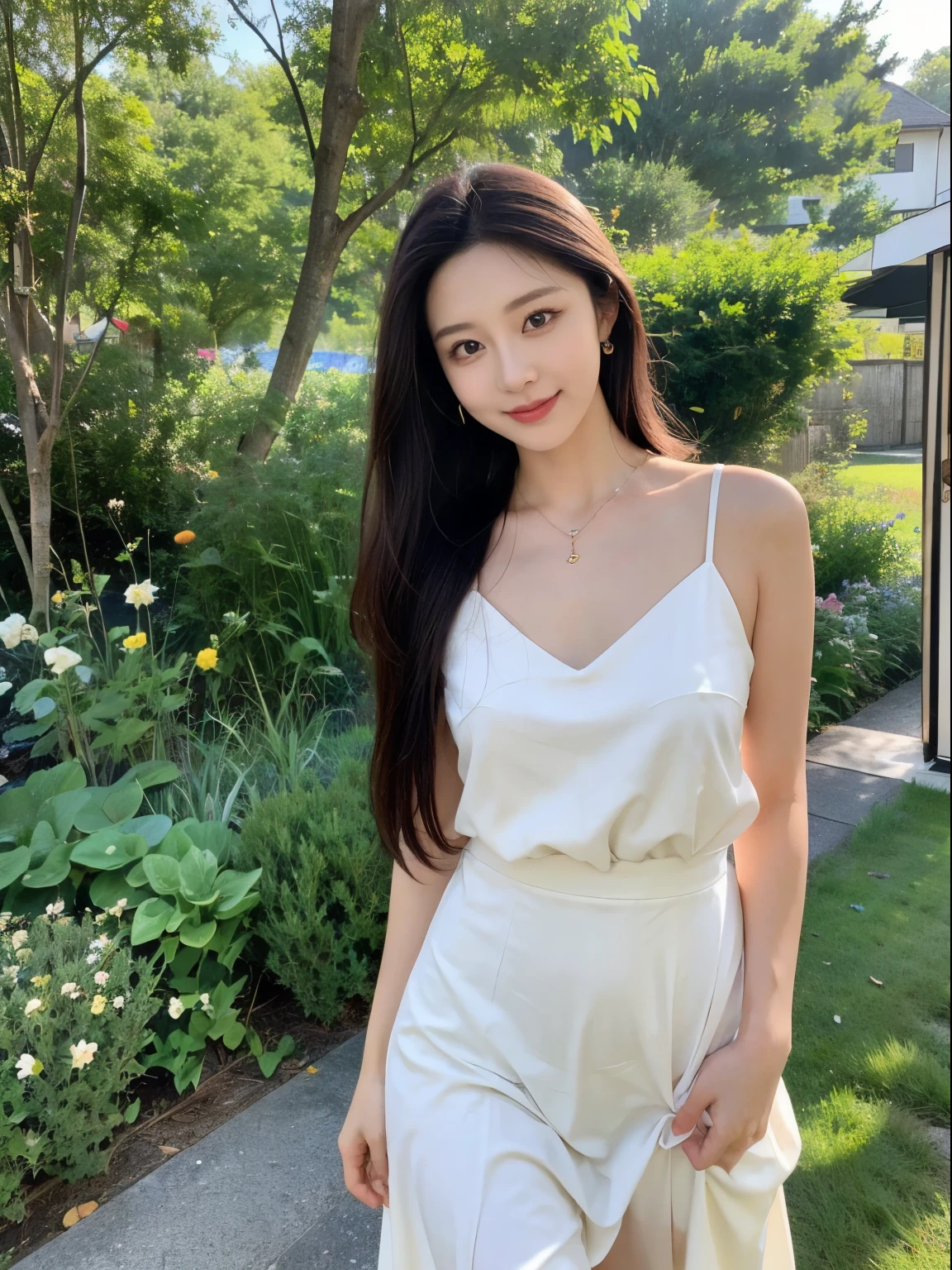 masterpiece, best quality,8k, ultra high definition,Real light and shadow,lens,(beautiful eyes:1.1), ((中景 the scene is,upper part of body)),dynamic poses,on a green meadow,The gentle goddess walks with gentle steps。She is wearing a white dress,A gentle breeze blew by,The skirt dances gently。The sun shines through the leaves on her hair,Reflecting her clear eyes and gentle smile。Colorful butterflies flutter around her,Flowers bloom at her fee as if nature is cheering for her。