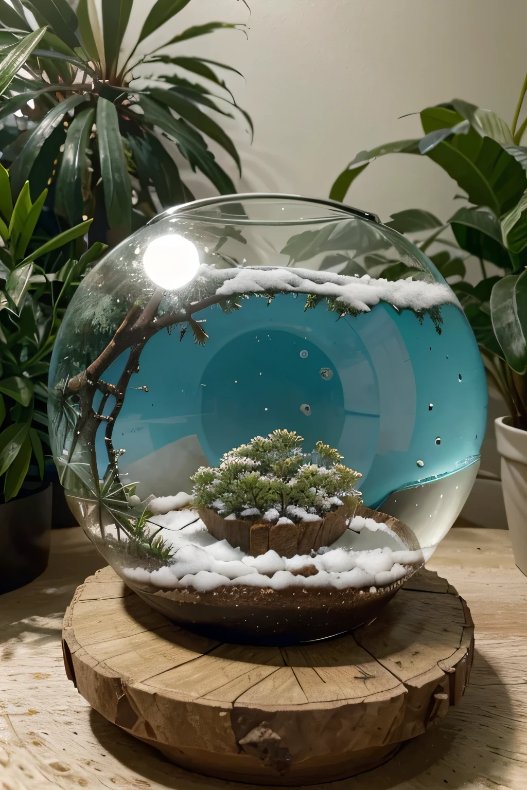 The detailed terrarium-shaped image of planet Earth would be a miniature representation of the Earth contained within a transparent sphere, simulating a closed and self-sustaining environment, semelhante ao nosso ecossistema terrestre. Inside the terrarium, pudemos ver uma variedade de elementos, eu como sozinho, water, plantas, grasses and possibly small birds. The different geographic regions and ecosystems of the planet would be represented, From rainforests to arid deserts, snow-capped mountains to vast oceans. It would be a charming and symbolic representation of the fragility and beauty of our planet, highlighting the importance of conservation and environmental protection.