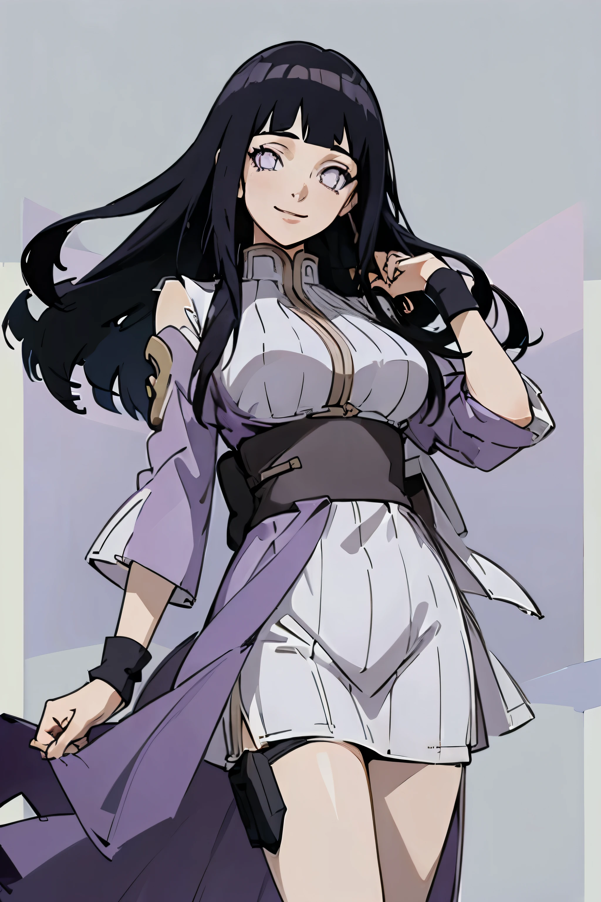 (((masterpiece))), HinataHyuga, 1girl, solo, long hair, looking at viewer, smile, large breasts, black hair, purple eyes, blunt bangs, white eyes, no pupils,clothes tug, cocktail dress, cocktail glass, wind,, masterpiece, best quality, highly detailed, ((skimpy)),