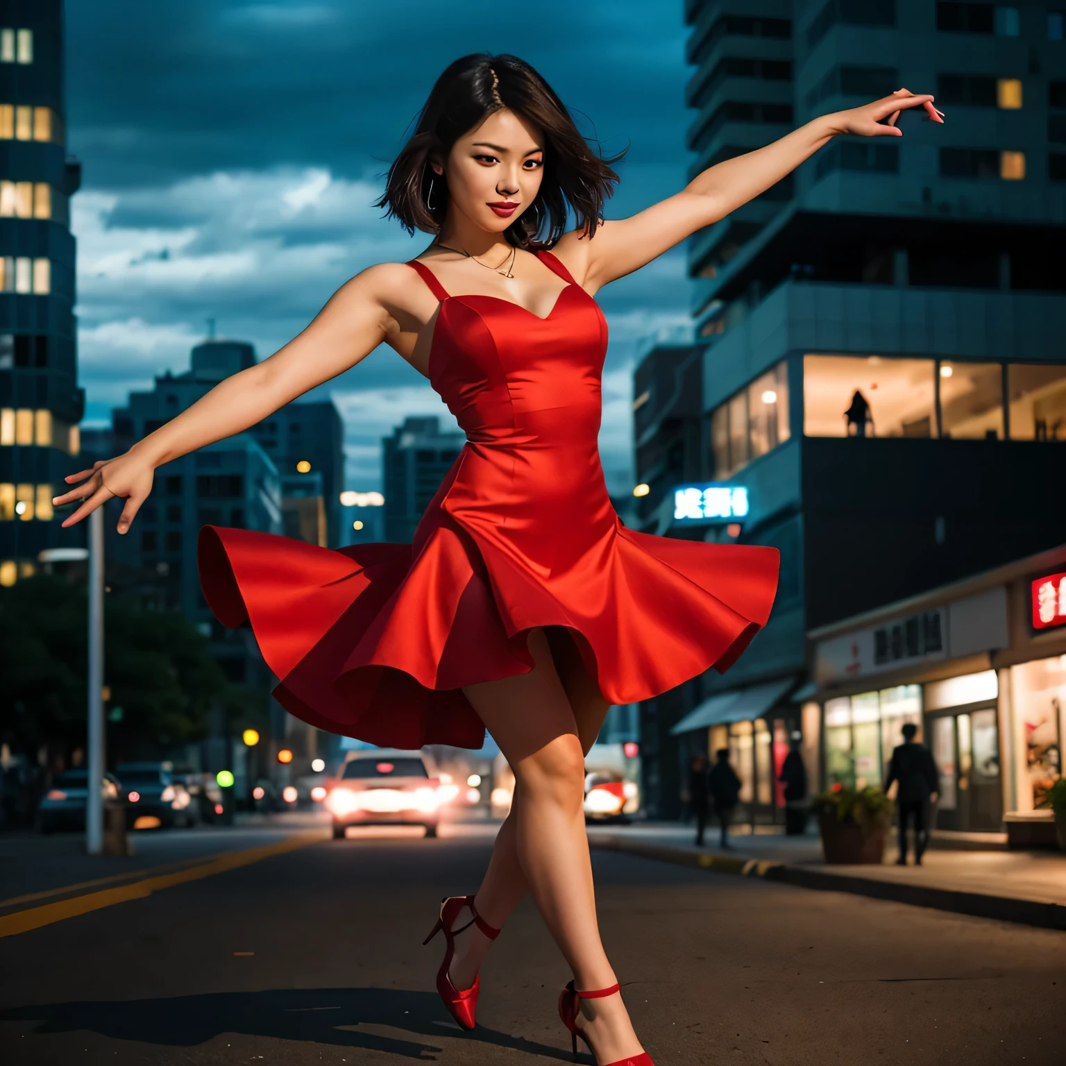 photography，人像photography，A woman in a red dress dances in the air, city background，night，Light， Rob Ray, raymond swanland style,  she is dancing. actual, art jem style， style, charlie bowwater character art, style art，HD，Super detailed，photorealism，获奖是photography作品