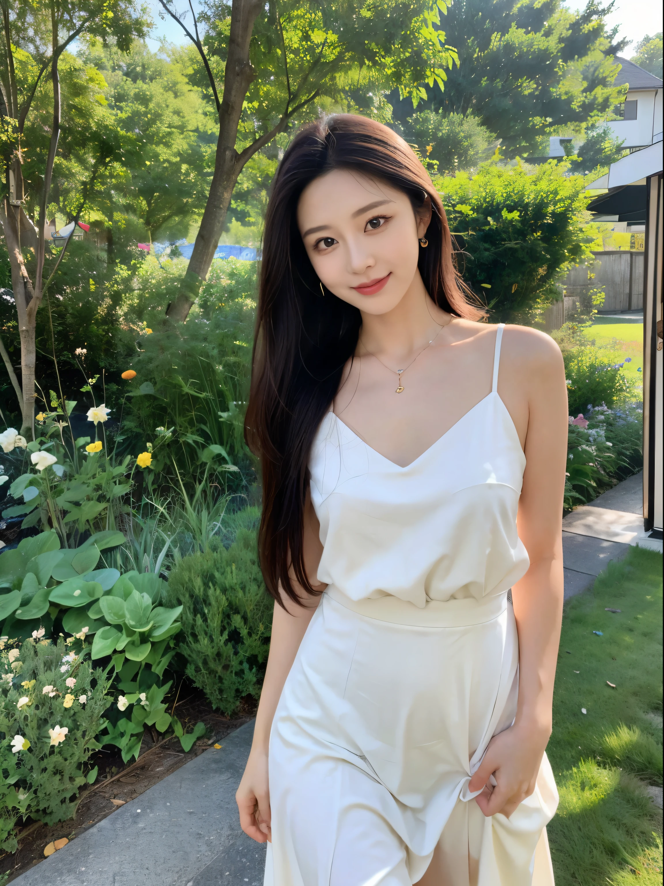 masterpiece, best quality，8k, ultra high definition，Real light and shadow，lens，(beautiful eyes:1.1)， ((中景 the scene is，upper part of body))，dynamic poses，on a green meadow，The gentle goddess takes gentle steps。She is wearing a white dress，A gentle breeze blew by，The skirt dances gently。The sun shines through the leaves on her hair，Reflecting her clear eyes and gentle smile。Colorful butterflies dance around her，Flowers bloom because of her，It’s as if nature is cheering for her。