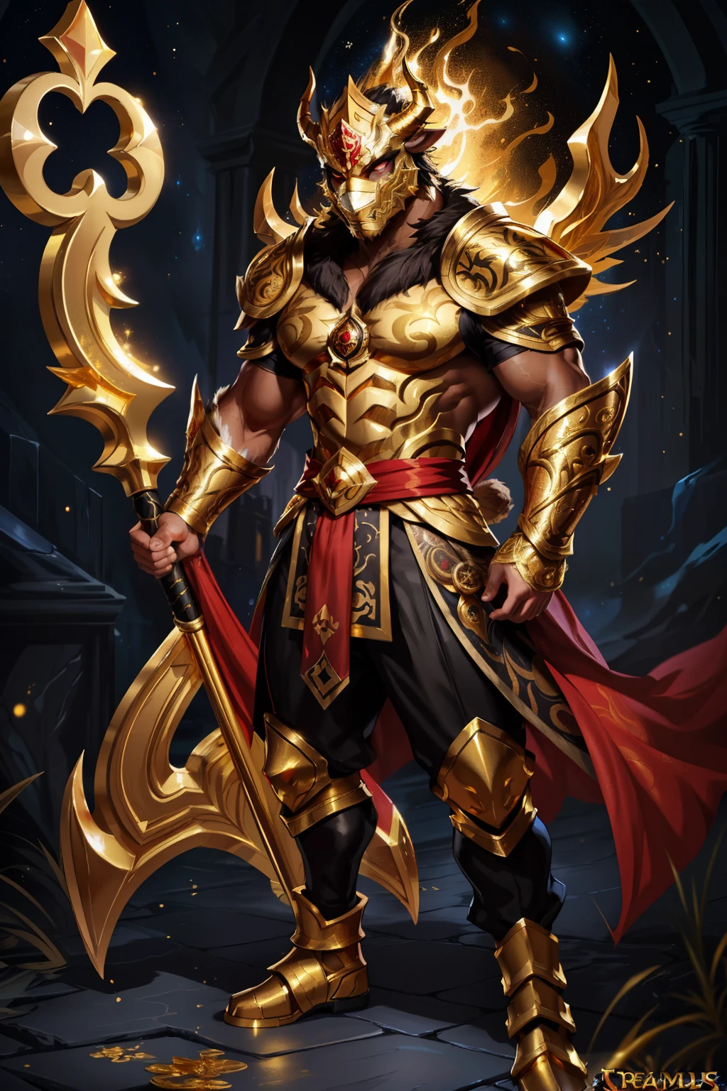 solo, male, humanoid, (detailed cloth, stars, muscular body), (brown fur, majestic print), (black body), white mask, (gold helmet), glowing eyes, Dragon mask, detailed teeth, detailed face, detailed fluffy fur, detailed face, detailed eyes, gold accessories detailed body, robes, armor, detailed face, detailed eyes, red collar, red slack pants, gold markings, sash, gold trimming, armor, red undershirt, red shirt, full body, league of legends splash art, official splash art, riot games concept art, arcana skin, splash art, gold stars, gold decal,