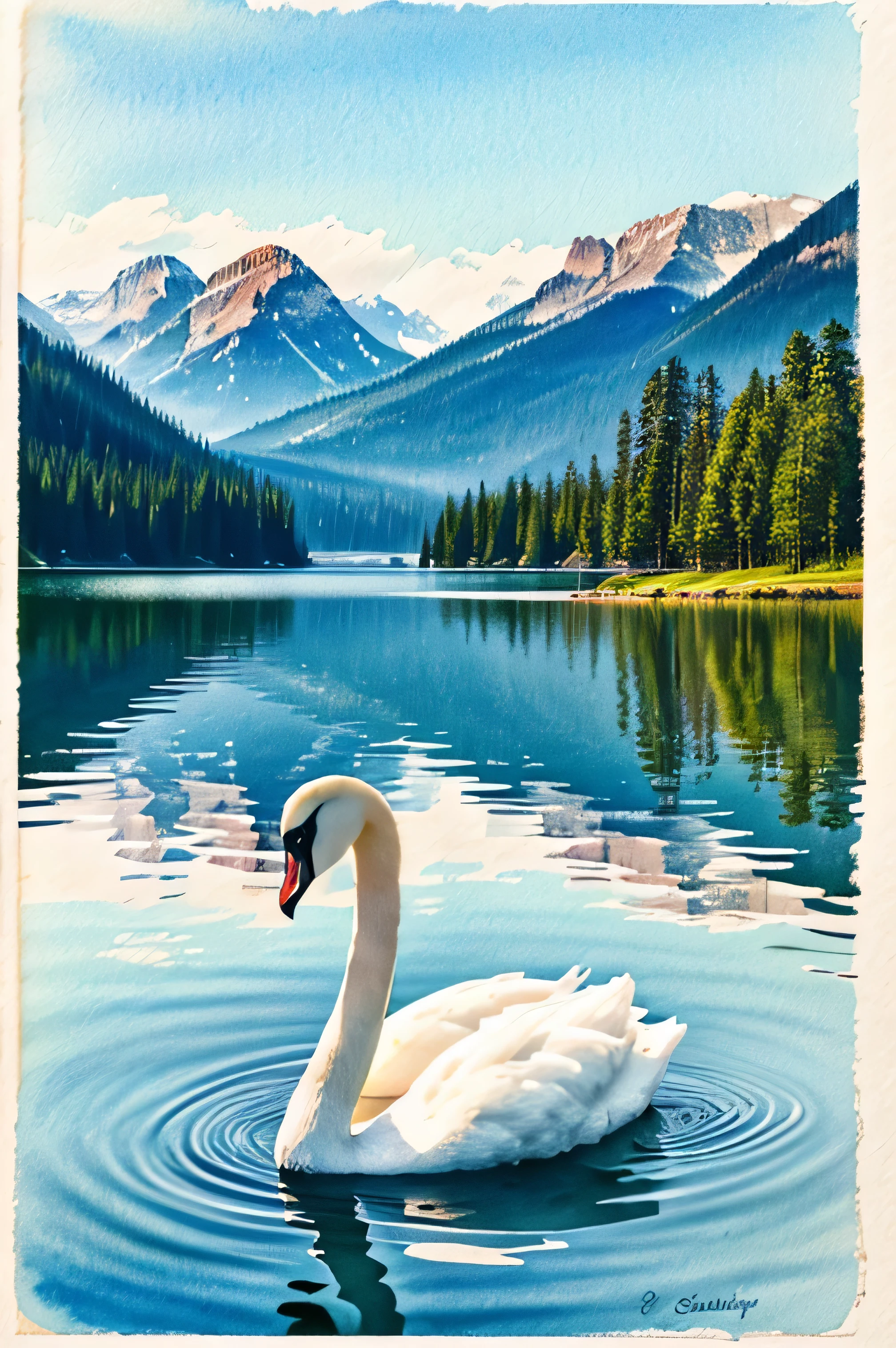 swan close up, floats on the lake, forest on the right and left, Mountains in the background, watercolor style, drawing, many shades