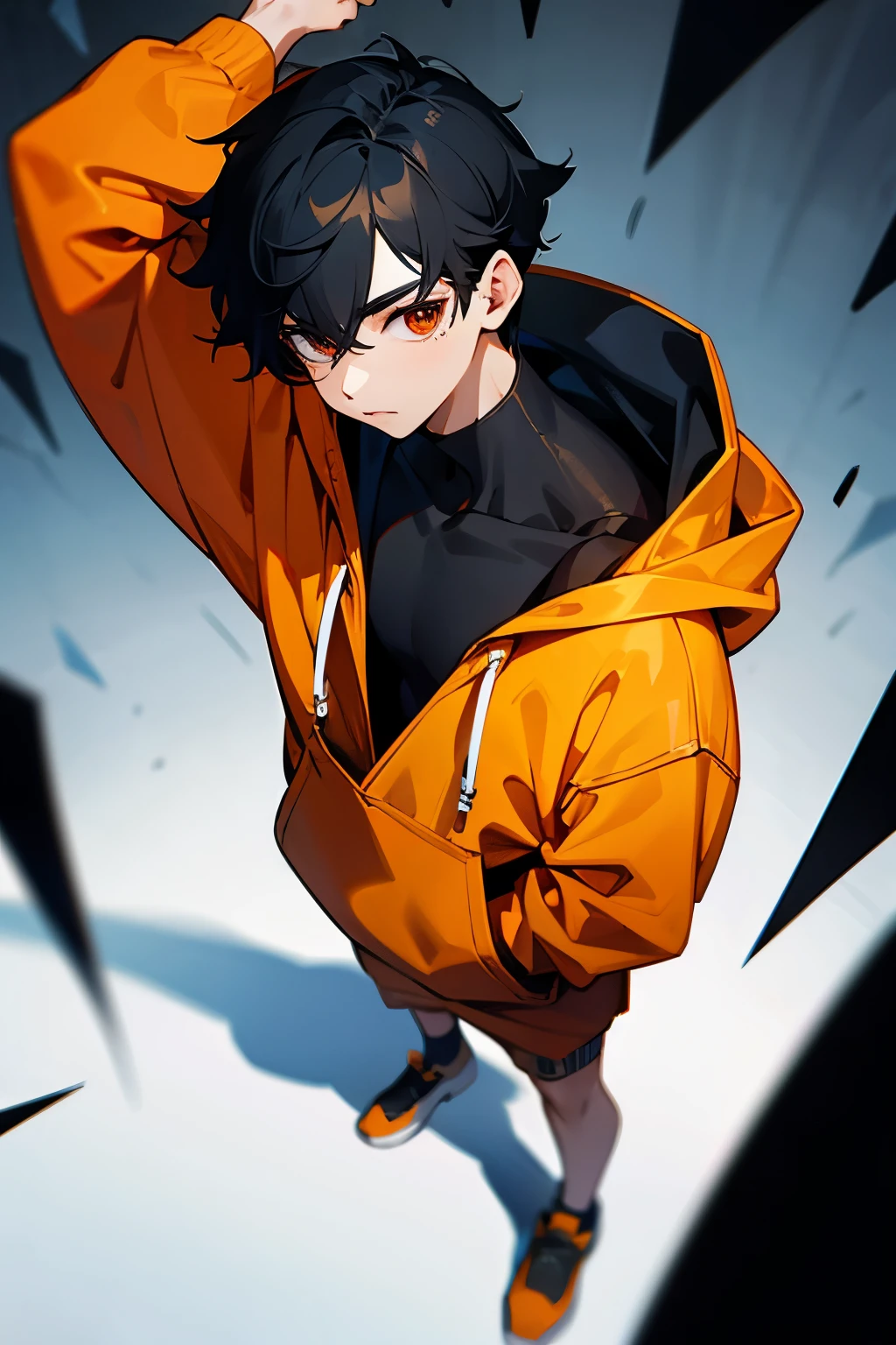 1 guy, black hair slightly curled, oversized orange hoodie, pale white skin, hot