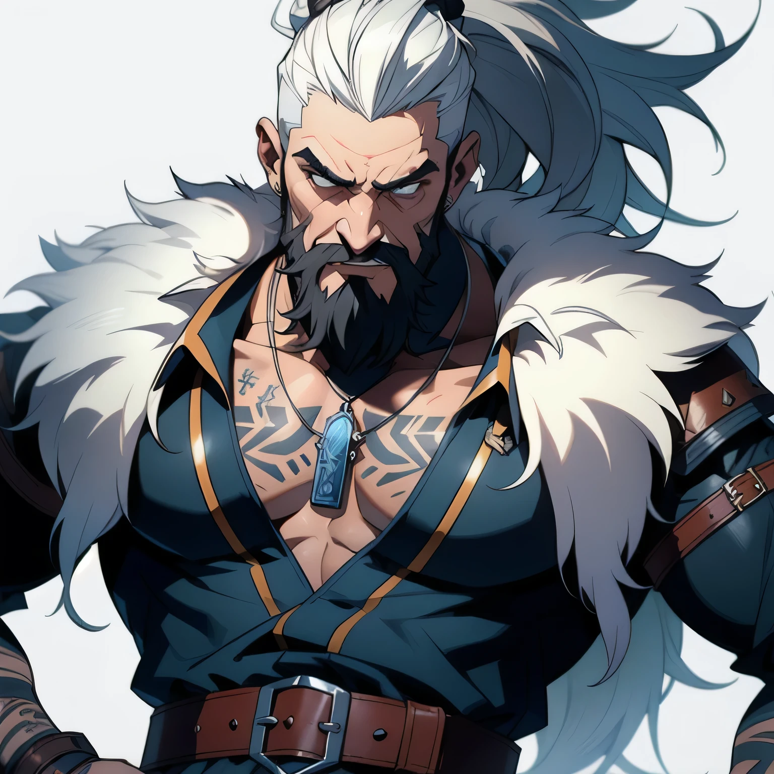 1mancclosup shot, undercut long white hair, muscular, beard, , necklace, Viking, face tattoo, old, stoicsm, (masterpiece, best quality, highres, ultra detailed ), leather armor, ((fur cloack)), mediaval armor, white background, blue cloth, leather strap, leather belt, old, long white beard