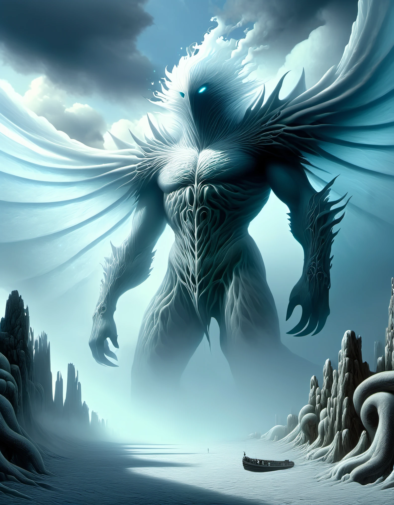 Looking up,Giant creature, (a super huge cloud demon coalesced by thick fog), floats languidly over the city, looks like a mysterious fantasy creature, looking up at it from below, the cloud demon's body is huge like a huge white cloud, its eyes sparkle with intelligence, its body is surrounded by white clouds, connected to the sky and the earth, amidst the hustle and bustle of the city, the cloud demon's stock stands below it as if you can hear the deep voices that emanate from it Deep Voices, Dense Fog, Creature Body Tall Tops, Hooded Cover, Robust Human Body Massive White Dark Mist Cover, Dense Fog, Biochemical Mutant Nuclei, Grotesque, Bioluminescent Bioluminescent, Zdzistaw Beksinski Beksinski, H R Giger , Webbed Feet Webbed Feet Tentacles. Rudimentary Wings Erratic Irregular, Wrinkled Folded, Microbiology Microbiology, Phosphorescent Phosphorescent, Scaly, Camouflaging Camouflaging, Translucent Resin Wave Style, bryce 3d, Fresco-like Composition, Weathered material, luminous.
Background: Huge Ice Wall Rising, Ice Age