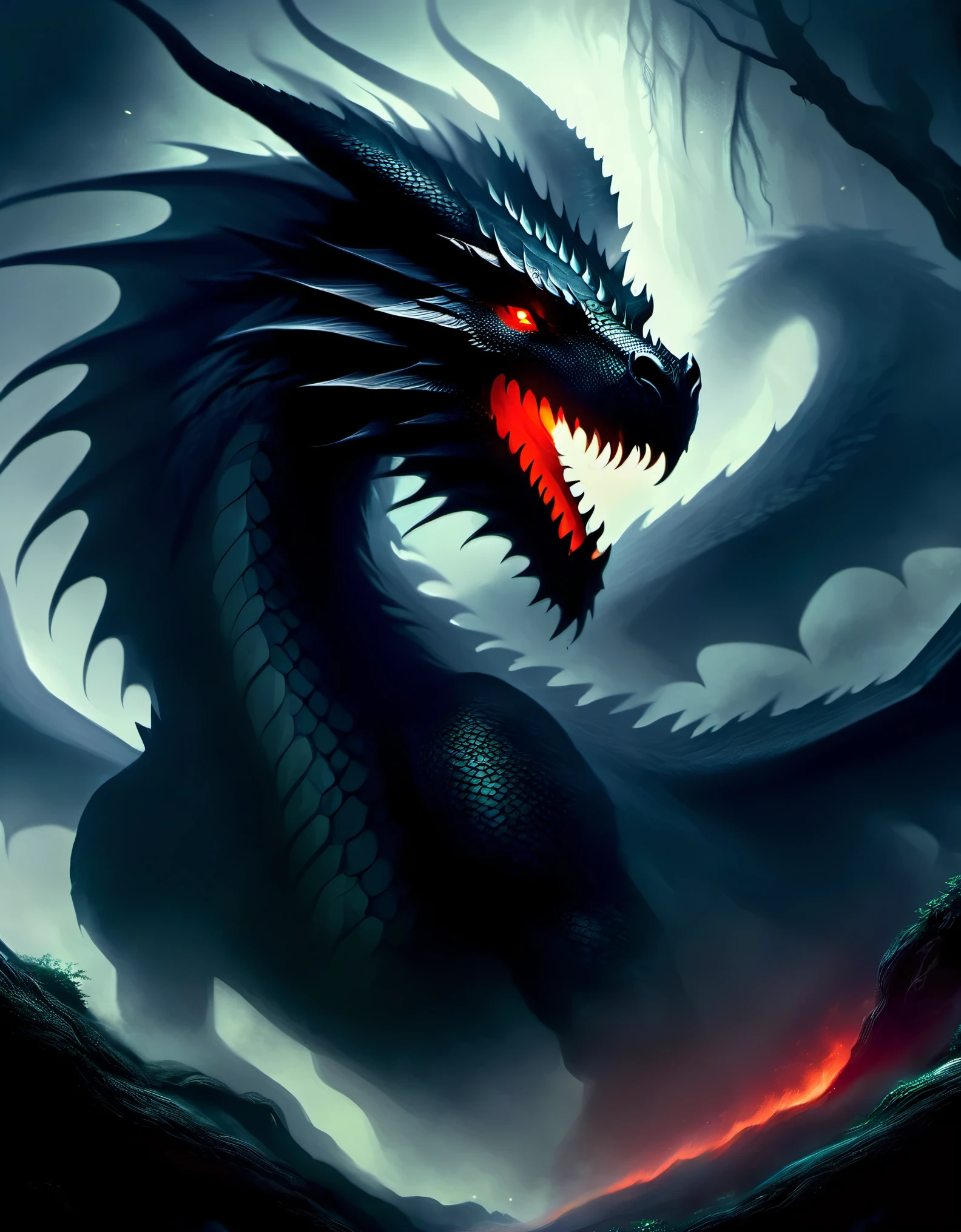 Portrait of a mythical creature, dark forest, smoke, a formidable dragon, red eyes, high quality, excellent detail, dramatic lighting, 8KHD