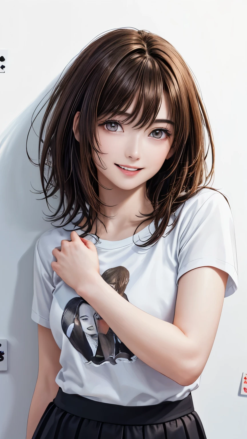 (highest quality、8k、32K、masterpiece)、(realistic)、(Photoreal:1.2)、(High resolution)、Super detailed、very beautiful face and eyes、1 girl、round and small face、thin waist、delicate body、(close、highest quality、high detail、rich skin details)、(highest quality、8k、oil paint:1.2)、Super detailed、(realistic、realistic:1.37)、bright colors、(((flaxen hair)))、(((bust shot)))、(((medium hair)))、(((vermilion hair)))、(((pure white wall background)))、(((pure white wall background)))、(((She has a happy expression)))、(((I have light brown hair)))、(((wearing a gray T-shirt)))、(((The clothes are T-shirts with playing cards drawn on them..)))、(((look straight ahead)))、(((私 have brown hair)))、(((the skirt is short)))、(((teeth visible)))、(((Hands are above the head)))、(((I have brown hair)))