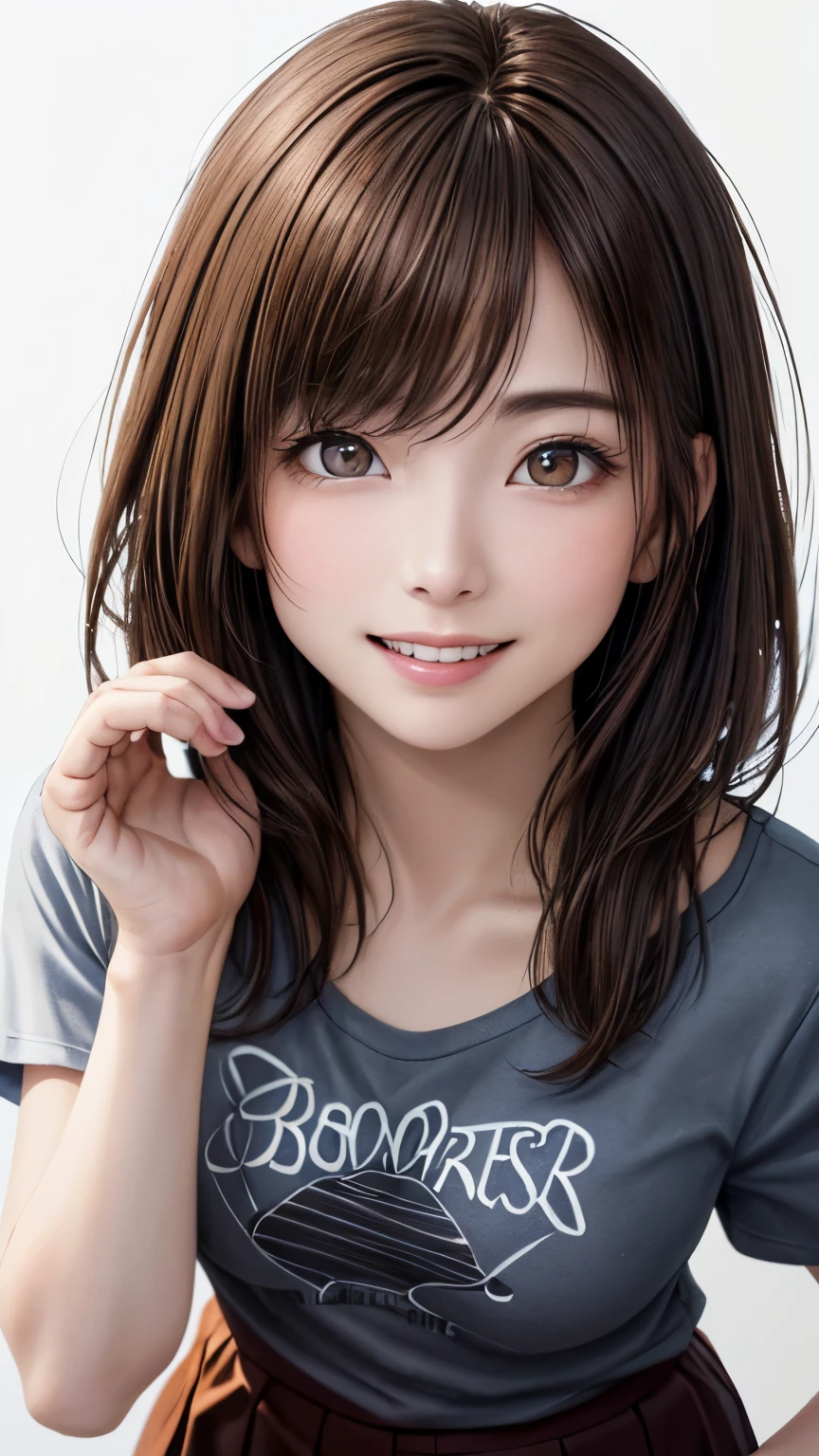 (highest quality、8k、32K、masterpiece)、(realistic)、(Photoreal:1.2)、(High resolution)、Super detailed、very beautiful face and eyes、1 girl、round and small face、thin waist、delicate body、(close、highest quality、high detail、rich skin details)、(highest quality、8k、oil paint:1.2)、Super detailed、(realistic、realistic:1.37)、bright colors、(((flaxen hair)))、(((bust shot)))、(((medium hair)))、(((vermilion hair)))、(((pure white wall background)))、(((pure white wall background)))、(((She has a happy expression)))、(((I have light brown hair)))、(((wearing a gray T-shirt)))、(((The clothes are T-shirts with playing cards drawn on them..)))、(((look straight ahead)))、(((私 have brown hair)))、(((the skirt is short)))、(((teeth visible)))、(((Hands are above the head)))、(((I have brown hair)))