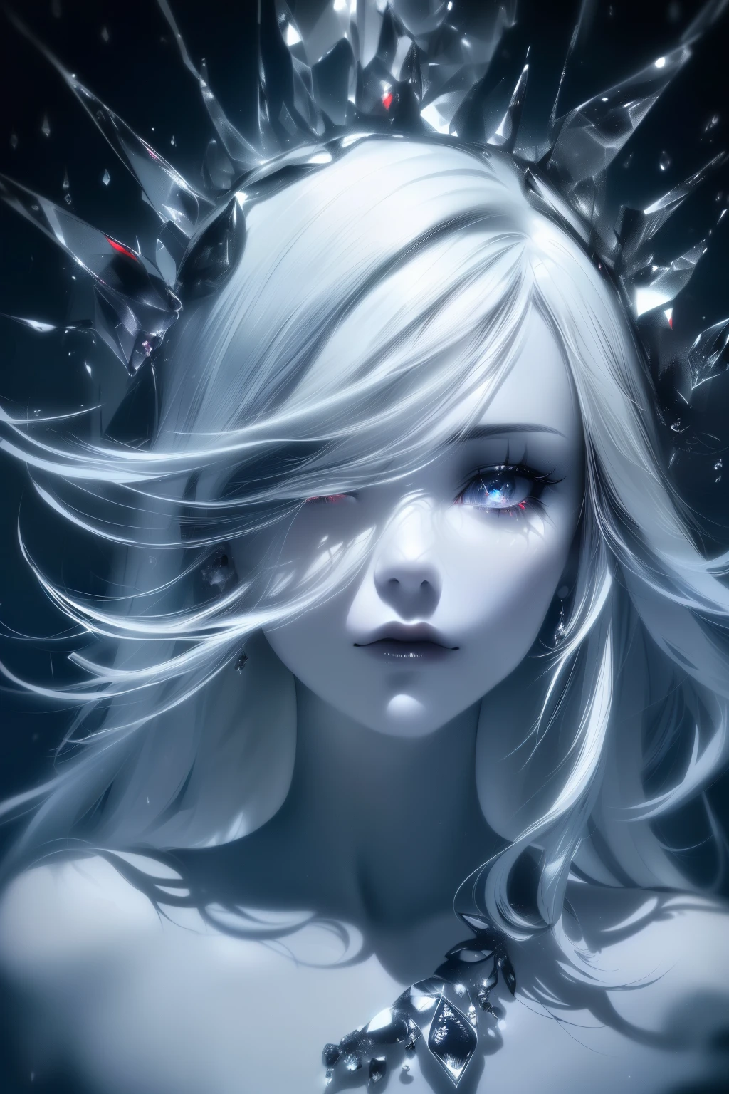 (black and white), (colorful gradient crystalized hair), eroded by darkness and light, symmetrical, absolute beautiful women, broken mirror, fluid art, red tears, (HDR), (sharp focus), (photo-realistic:1.37), (physically-based rendering), (extreme detail description), (professional), (vivid colors), (portraits), (soft lighting), (UHD), (black colored eyeedium hair), (goth makeup), (studio lighting), (night park background), (blue street lights), (best quality, 4k, 8k, highres, masterpiece:1.2), (ultra-detailed), fluid flowing transparent water
