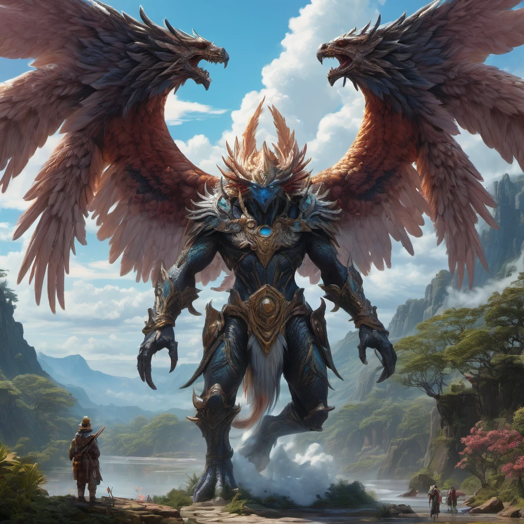 Giant creature, aesthetic, extremely detailed, Giant Creature, Mage, Angel, Detailed, a masterpiece digital painting by Greg Rutkowski and James Gurney, trending on Artstation, tube casting, angels are flying, Creature, Monster Hunter Illustrations art book, giant, Moebius, Greg Rutkowski, Zabrocki, Karlkka, Jayison Devadas, Phuoc Quan, trending on Artstation, 8K, ultra wide angle, zenith view, pincushion lens